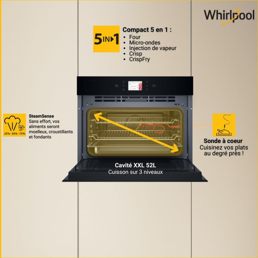 Forno compatto Whirlpool 5 in 1 con iniezione di vapore, sonda e cavità XXL da 52L.