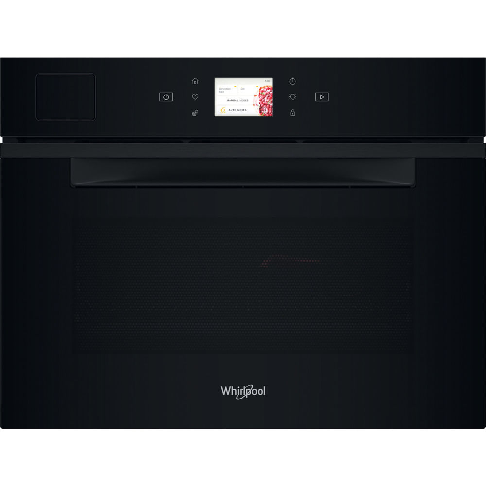 Un forno da incasso Whirlpool nero con pannello di controllo touch digitale e display in alto.