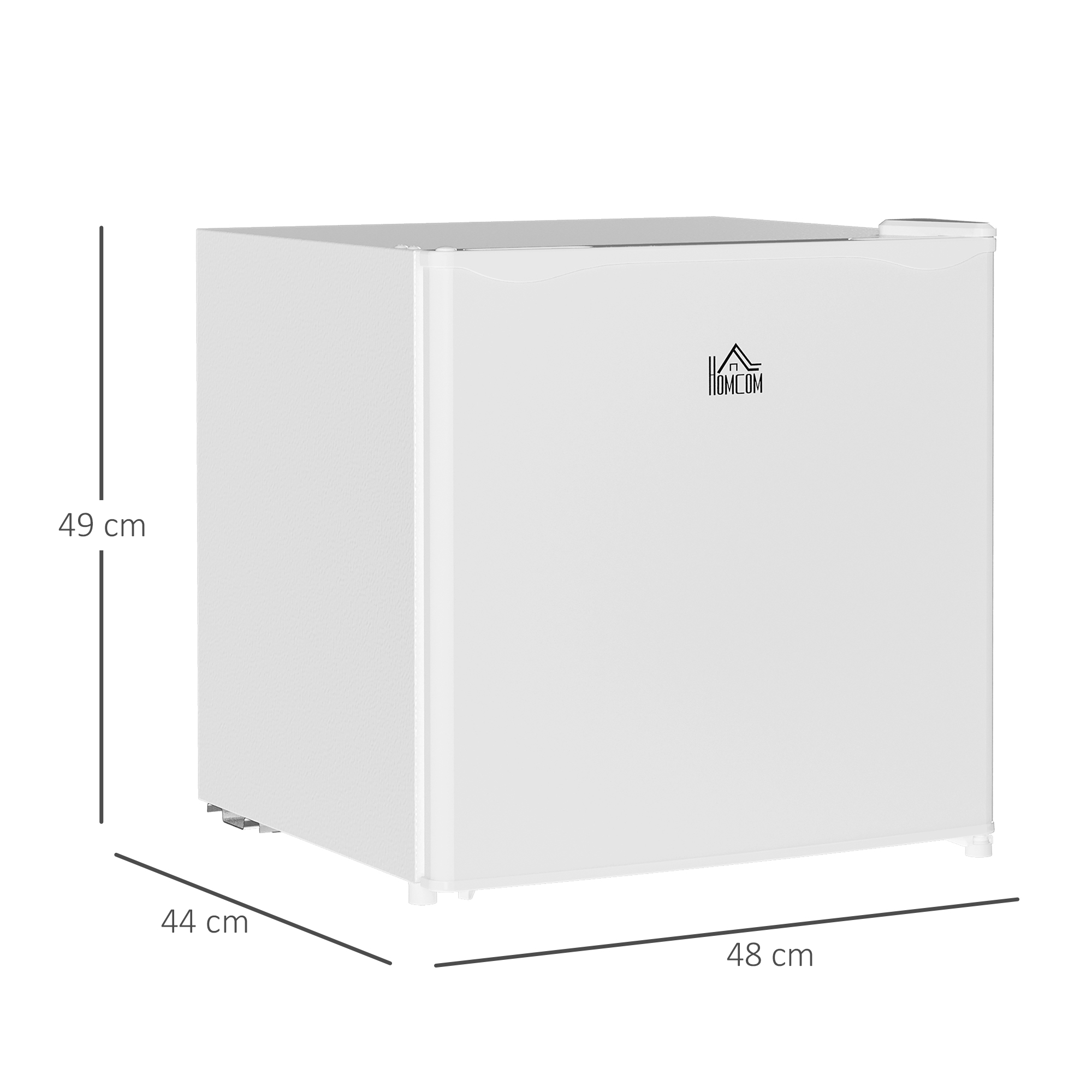 Pequeño mini frigorífico blanco con medidas de 49 cm de alto, 44 cm de fondo y 48 cm de ancho.