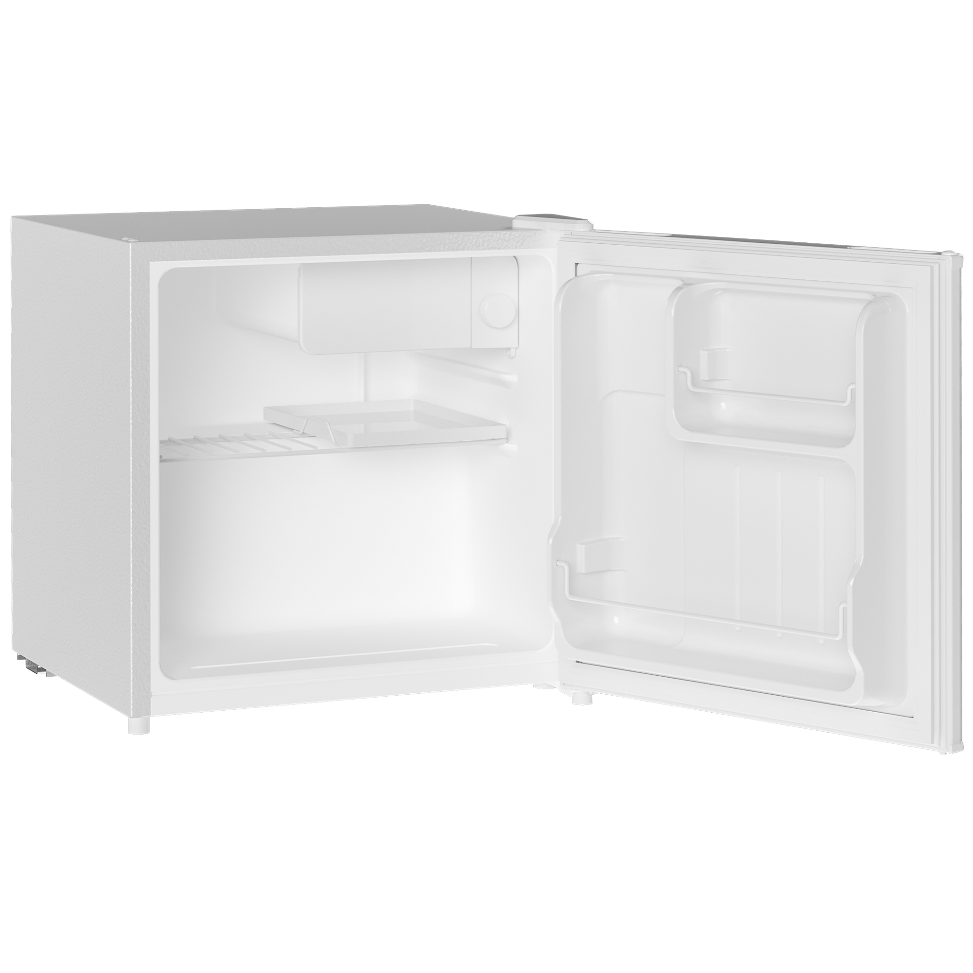 Mini nevera blanca compacta con puerta abierta, un estante y compartimentos interiores sobre fondo blanco.