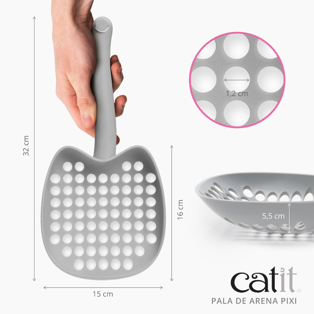 Pala gris para arena de gatos con medidas de 32x15 cm y zoom de agujeros de 1,2 cm.