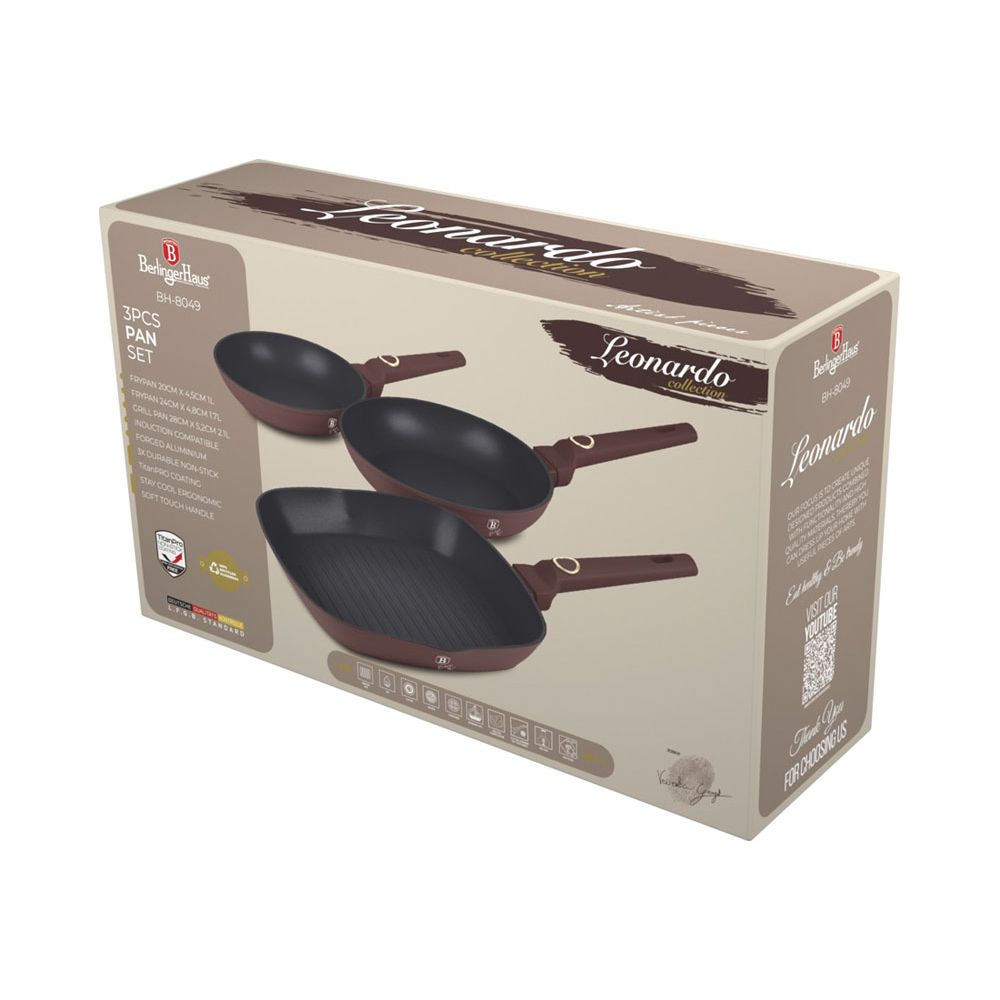 Eine beige und braune Produktverpackung für ein 3-teiliges Berlinger Haus Pfannenset mit Abbildungen.