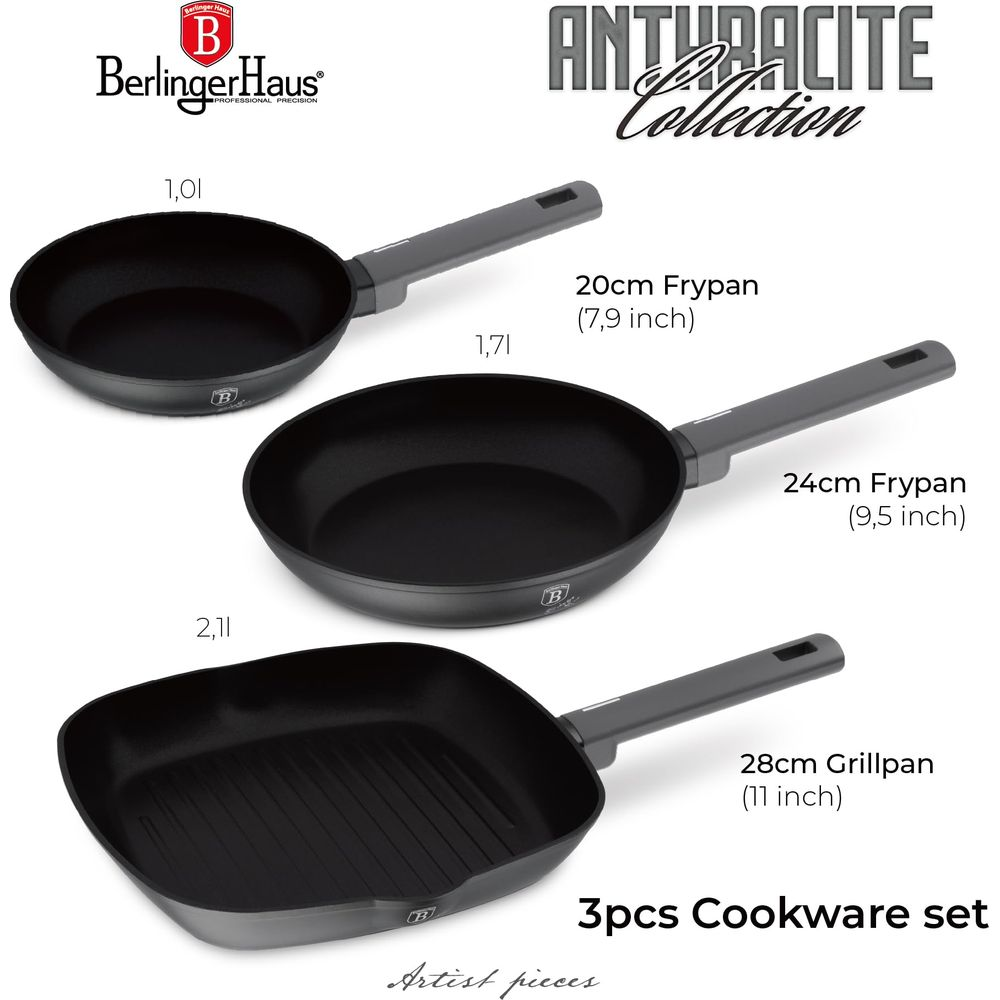 Berlinger Haus Anthracite Collection 3-teiliges Kochgeschirrset mit zwei runden Pfannen und einer Grillpfanne.