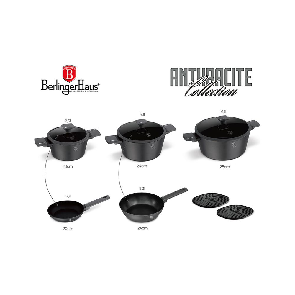 Ensemble de batterie de cuisine Berlinger Haus Anthracite Collection avec casseroles, poêles et tapis sur fond blanc.