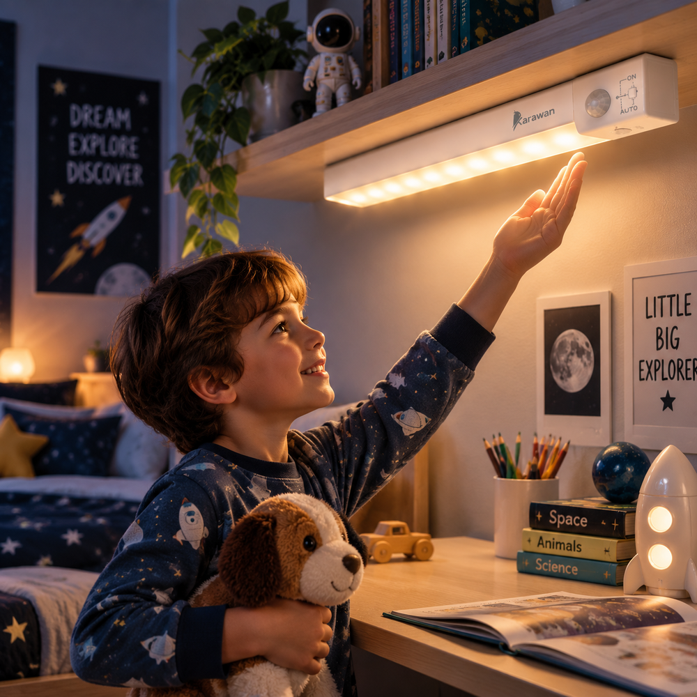 Un niño en pijama con un peluche enciende una luz LED bajo una estantería en su habitación.