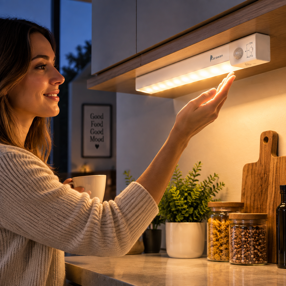 Una mujer sonriente en una cocina activa una luz LED de bajo gabinete que brilla cálidamente bajo un armario.