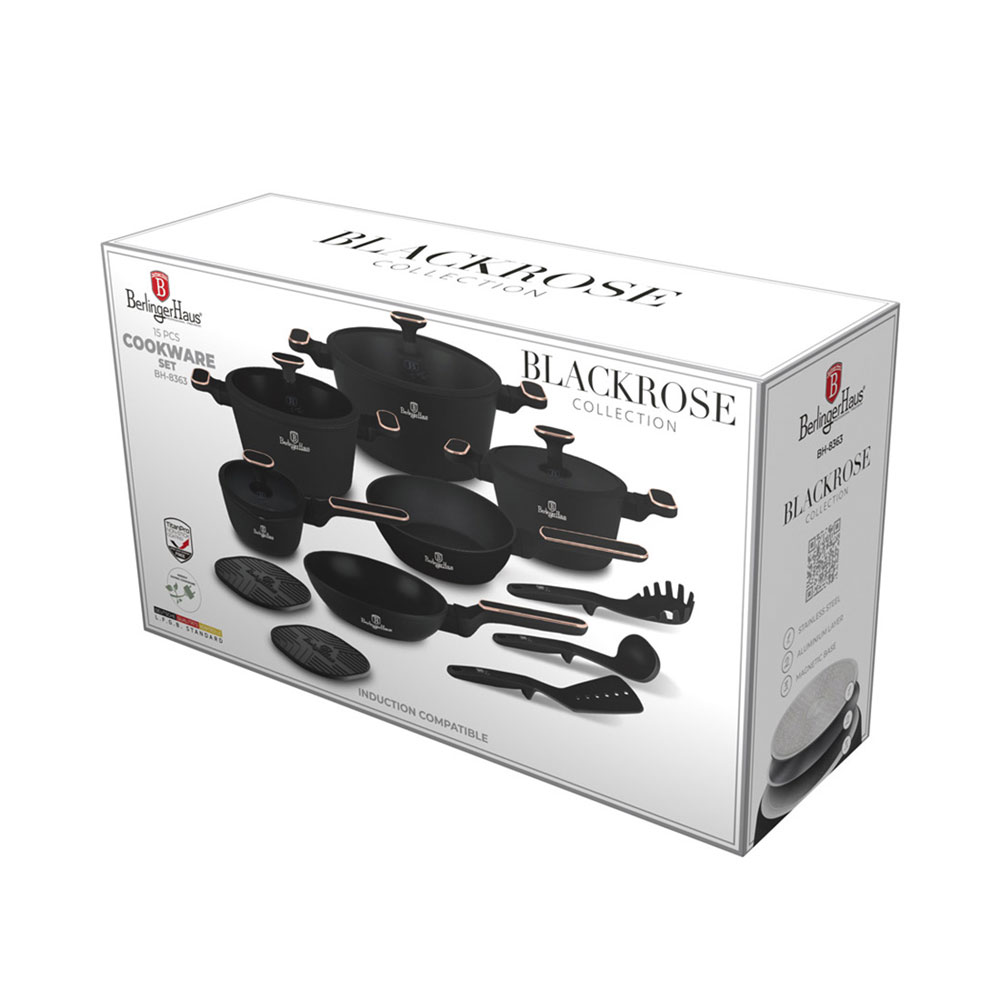 Boîte d'emballage pour un set de casseroles Berlinger Haus noir de 15 pièces avec des détails or rose.