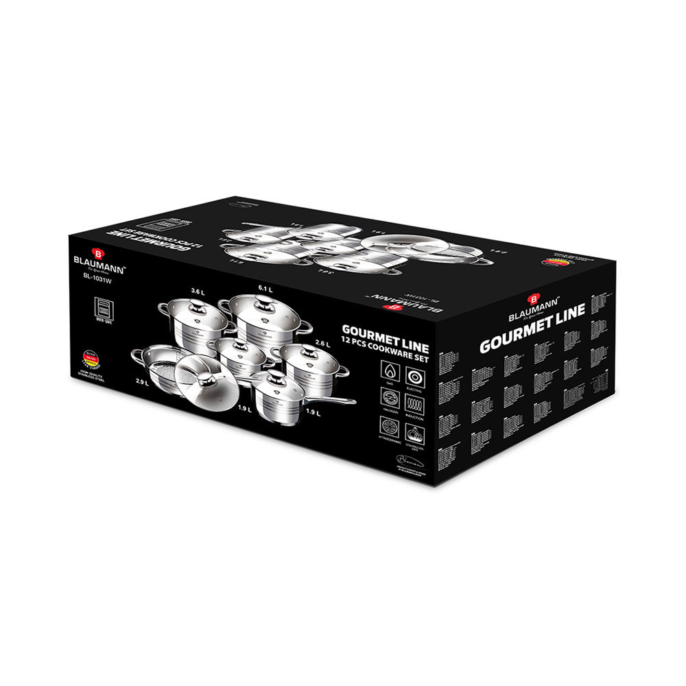 Boîte de produit noire pour un ensemble de 12 ustensiles de cuisine en acier inoxydable Blaumann Gourmet Line.