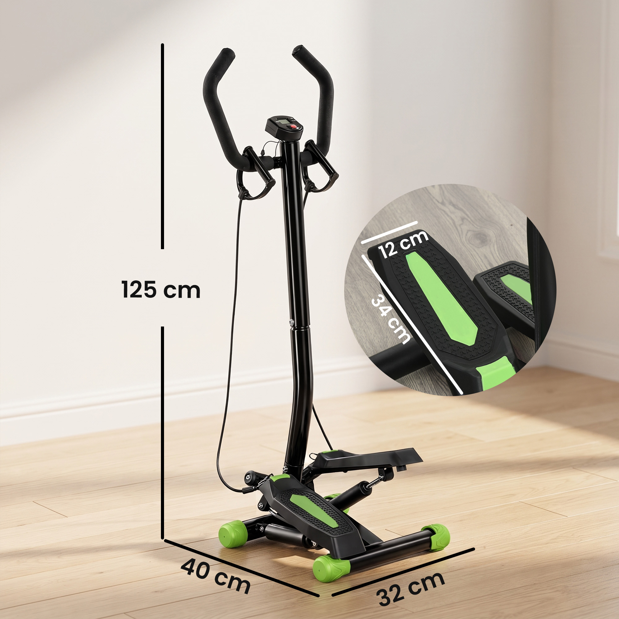 Mini stepper negro con detalles verdes, manillar, bandas de resistencia y medidas en una habitación.