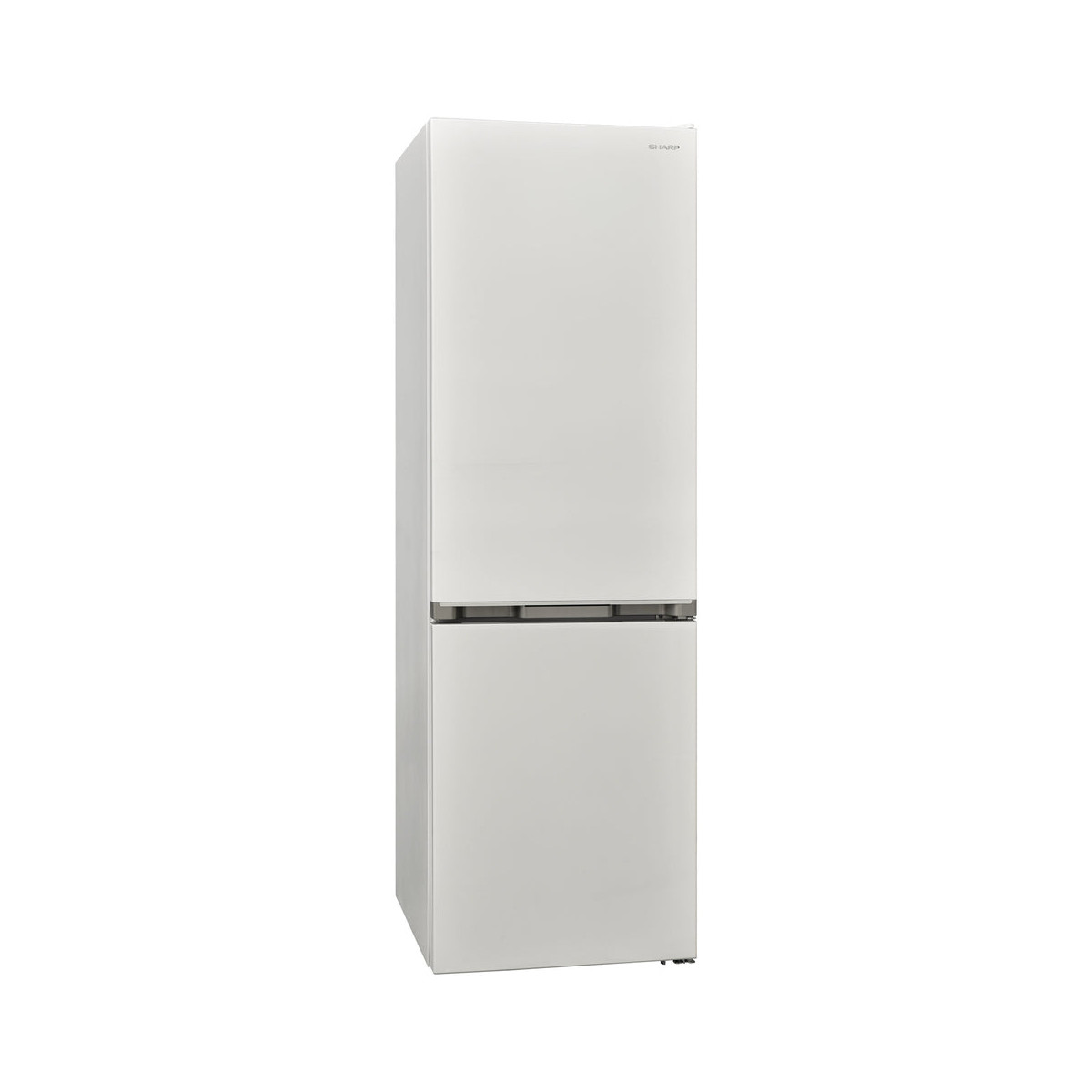 Un frigorifero-congelatore Sharp bianco su sfondo bianco.