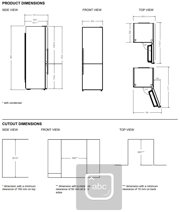 Disegno tecnico che mostra le dimensioni del prodotto e del vano di un frigorifero in vista laterale, frontale e dall'alto.