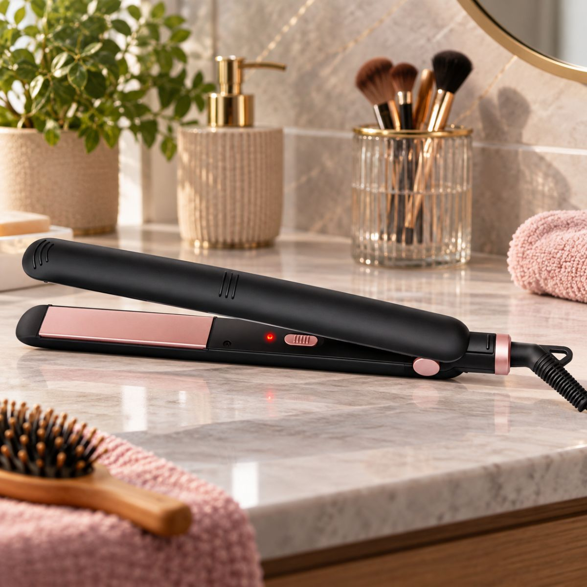 Un lisseur noir avec des plaques or rose repose sur un comptoir de salle de bain en marbre avec brosse et pinceaux.