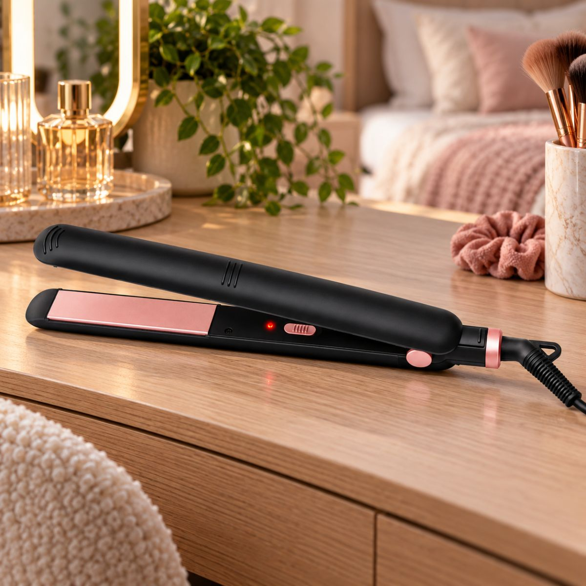 Un lisseur de cheveux noir avec des accents d'or rose repose sur un bureau en bois dans une chambre.