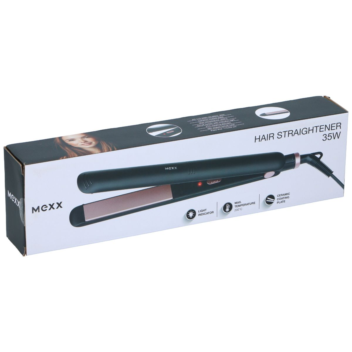 Une boîte pour un lisseur de cheveux noir McXX 35W, sur fond blanc.