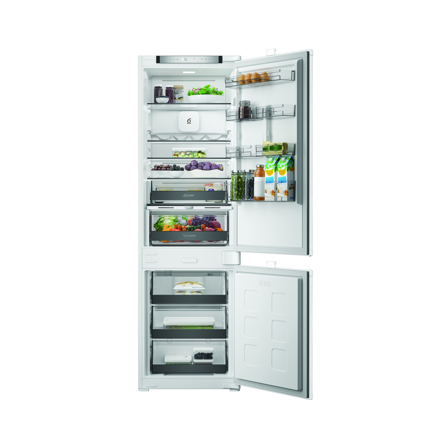 Un frigorifero bianco con le porte aperte, pieno di alimenti, frutta, verdura e bevande.