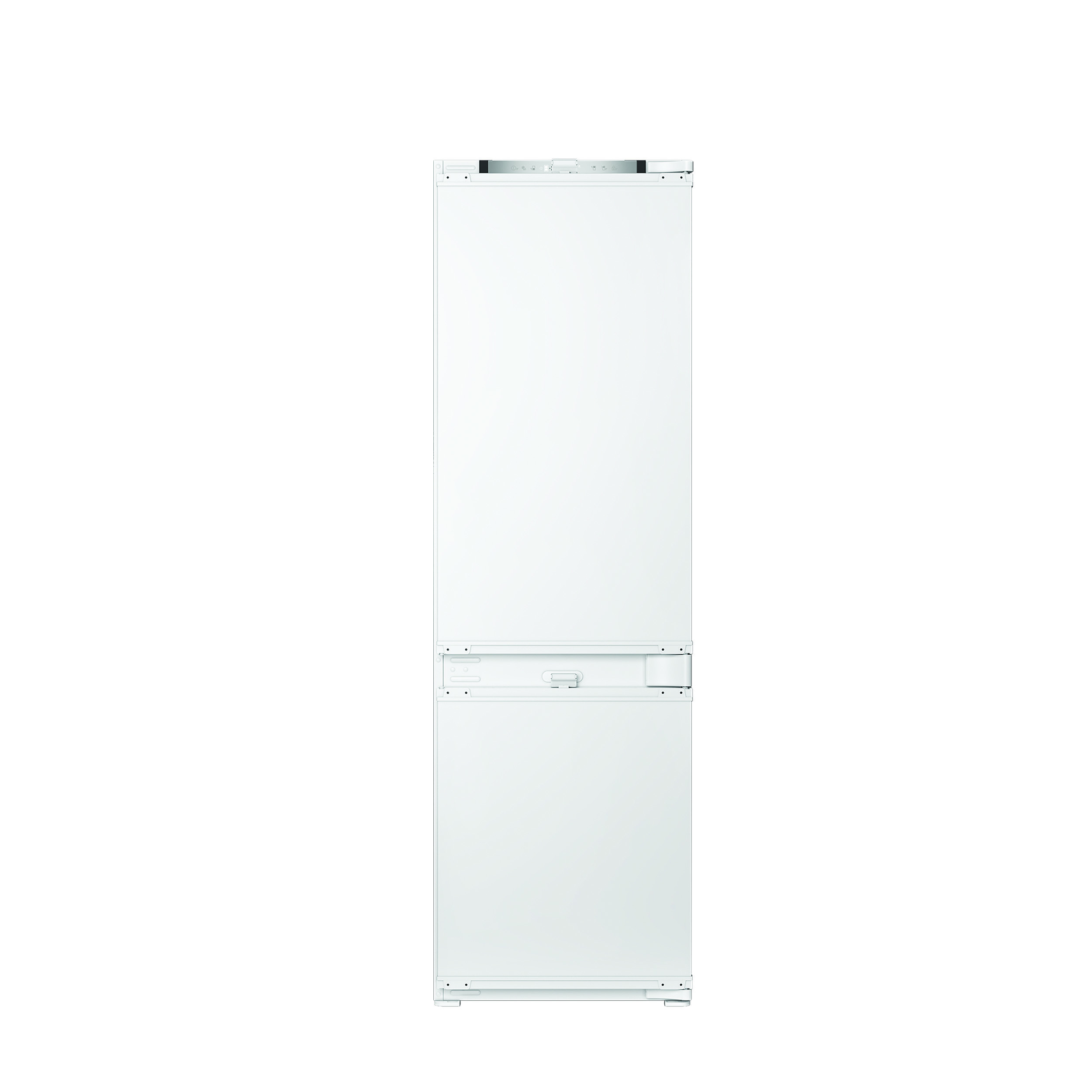 Un frigorifero-congelatore da incasso bianco e alto con design a doppia porta su sfondo bianco.