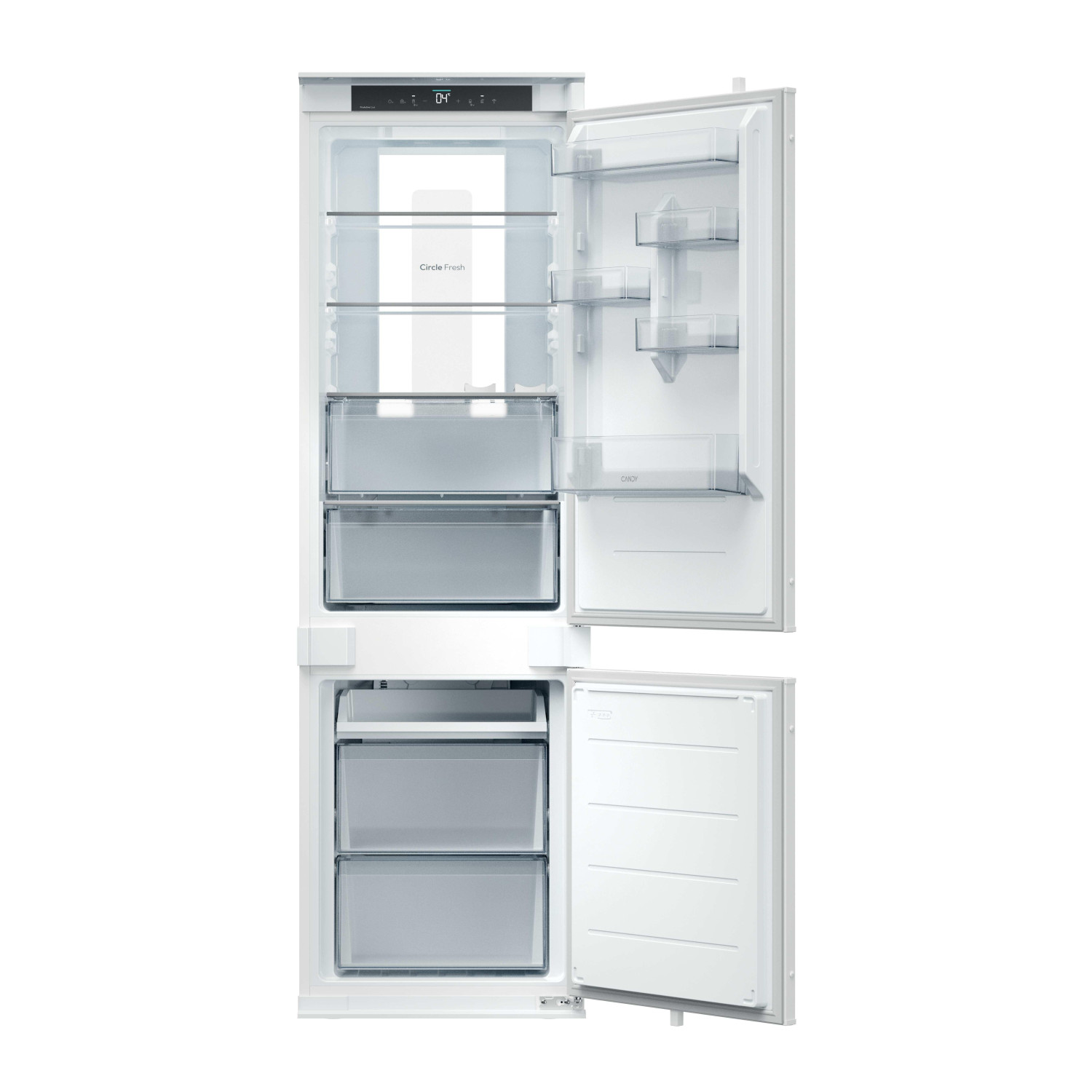 Un frigorifero da incasso bianco con porte aperte, ripiani in vetro e cassetti su sfondo bianco.