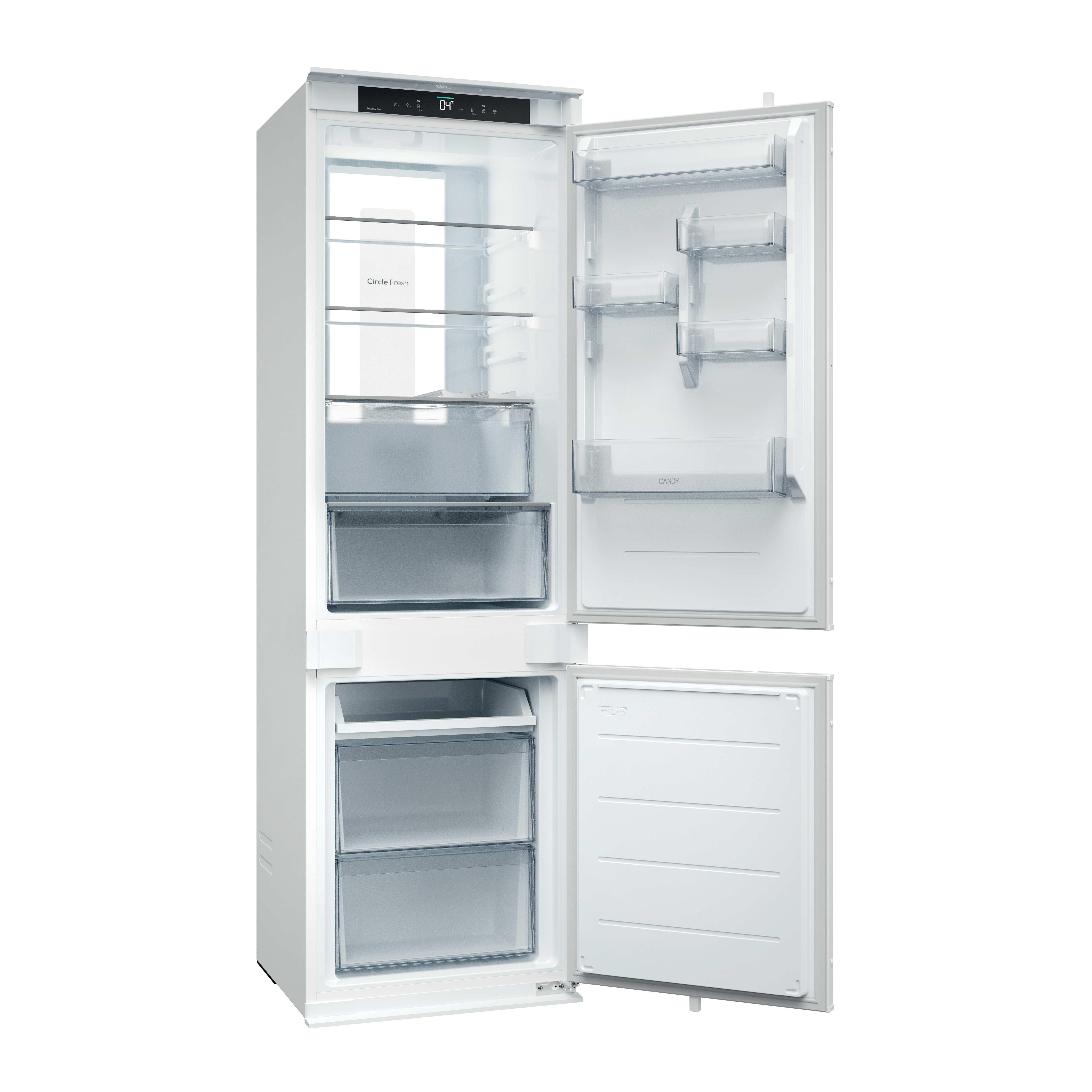 Un frigorifero da incasso bianco con porte aperte, ripiani in vetro e cassetti.