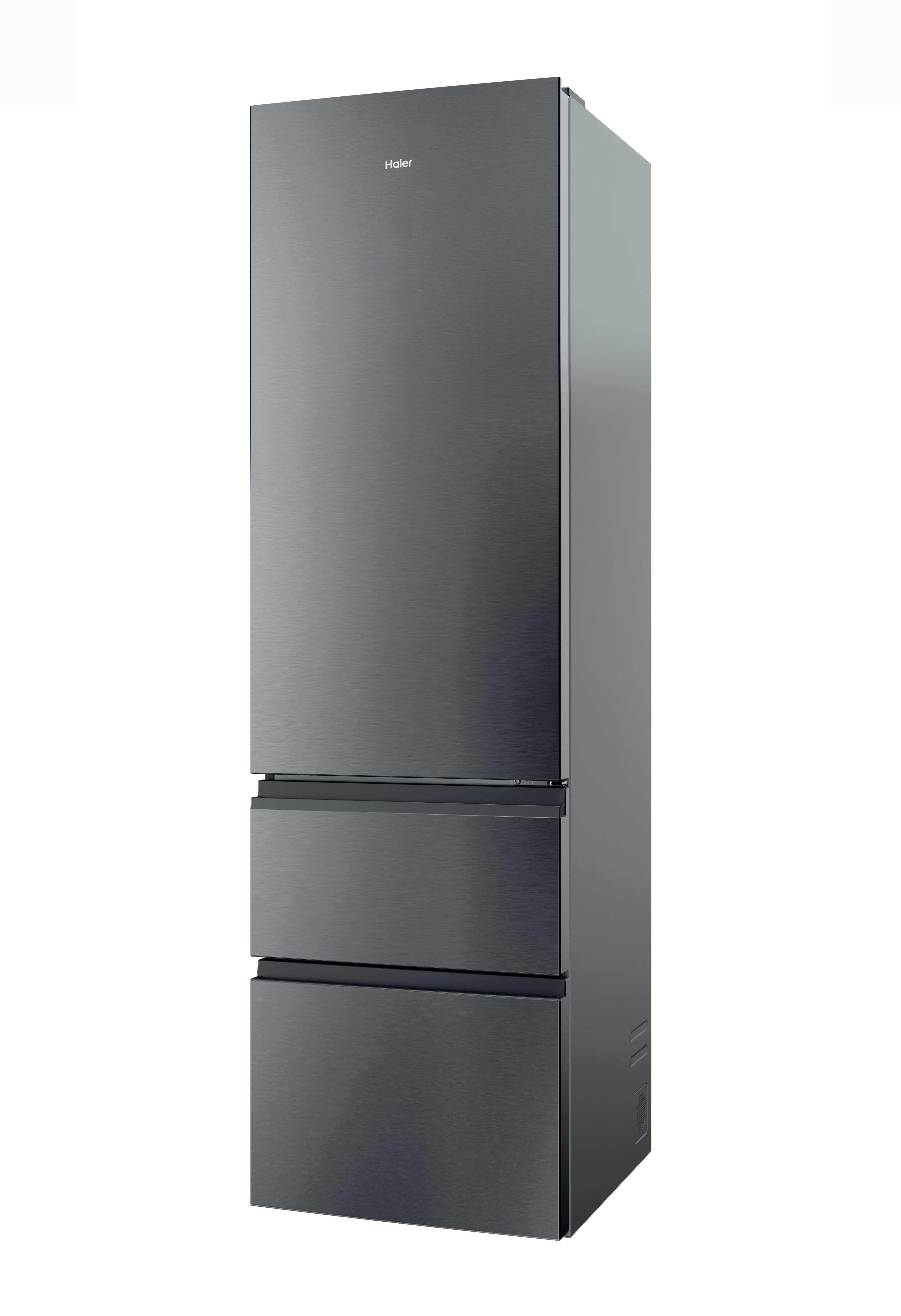 Un frigorifero Haier grigio scuro con una porta superiore e due cassetti congelatore.