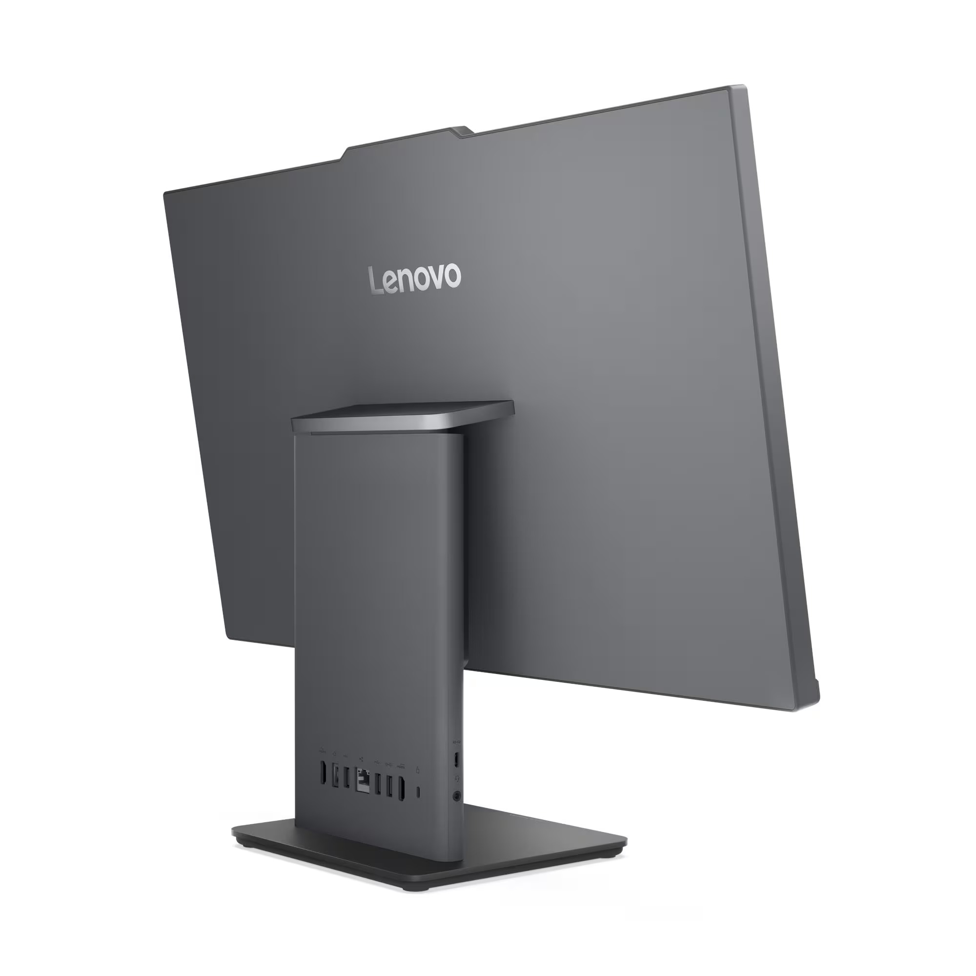 Beyaz arka planda, tabanında bağlantı noktaları bulunan entegre standlı gri renkli bir Lenovo monitörün arkadan görünümü.