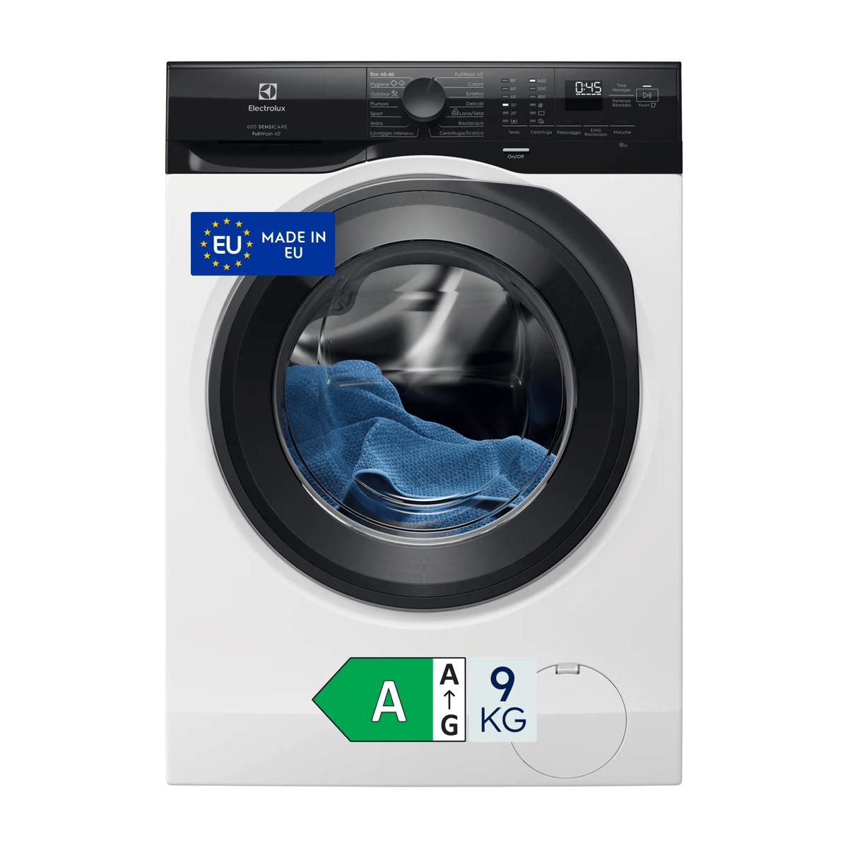 Una lavatrice bianca Electrolux con pannello nero, biancheria blu all'interno ed etichetta energetica A.
