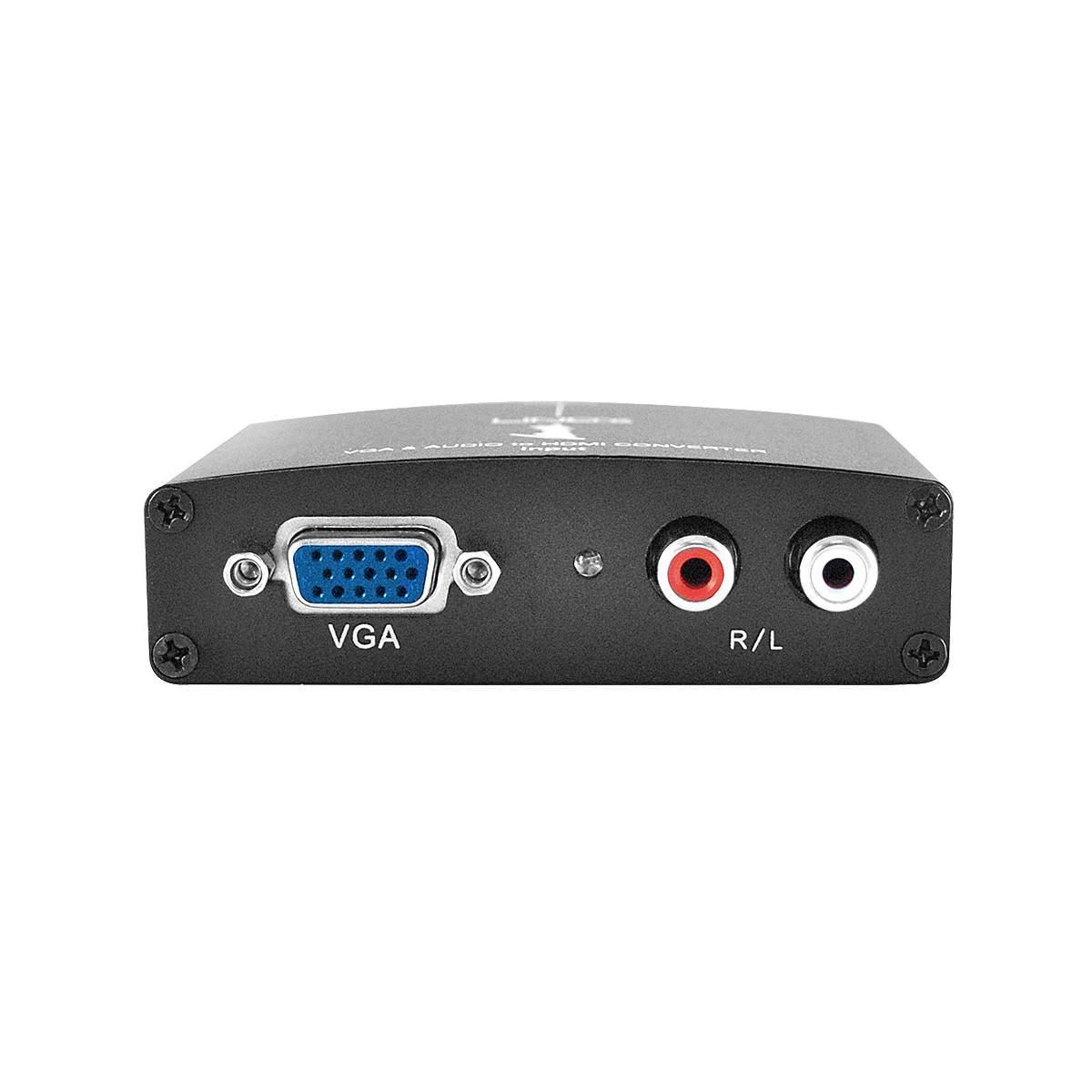 VGA- und R/L-Audio-Anschlüsse an einem schwarzen Converter-Gehäuse.