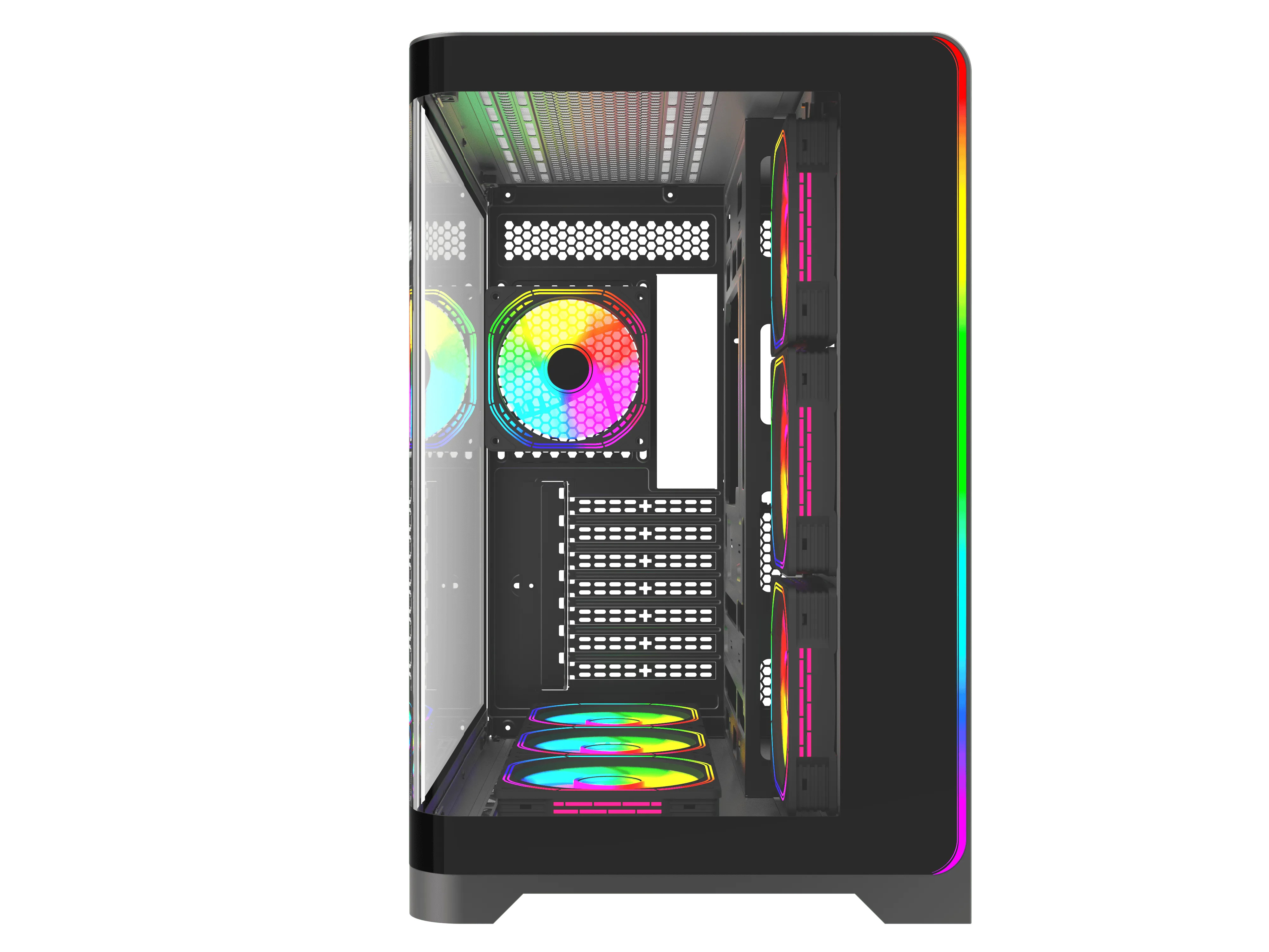 Icinde renkli RGB fanlar ve cam yan panele sahip siyah bir bilgisayar kasasi.