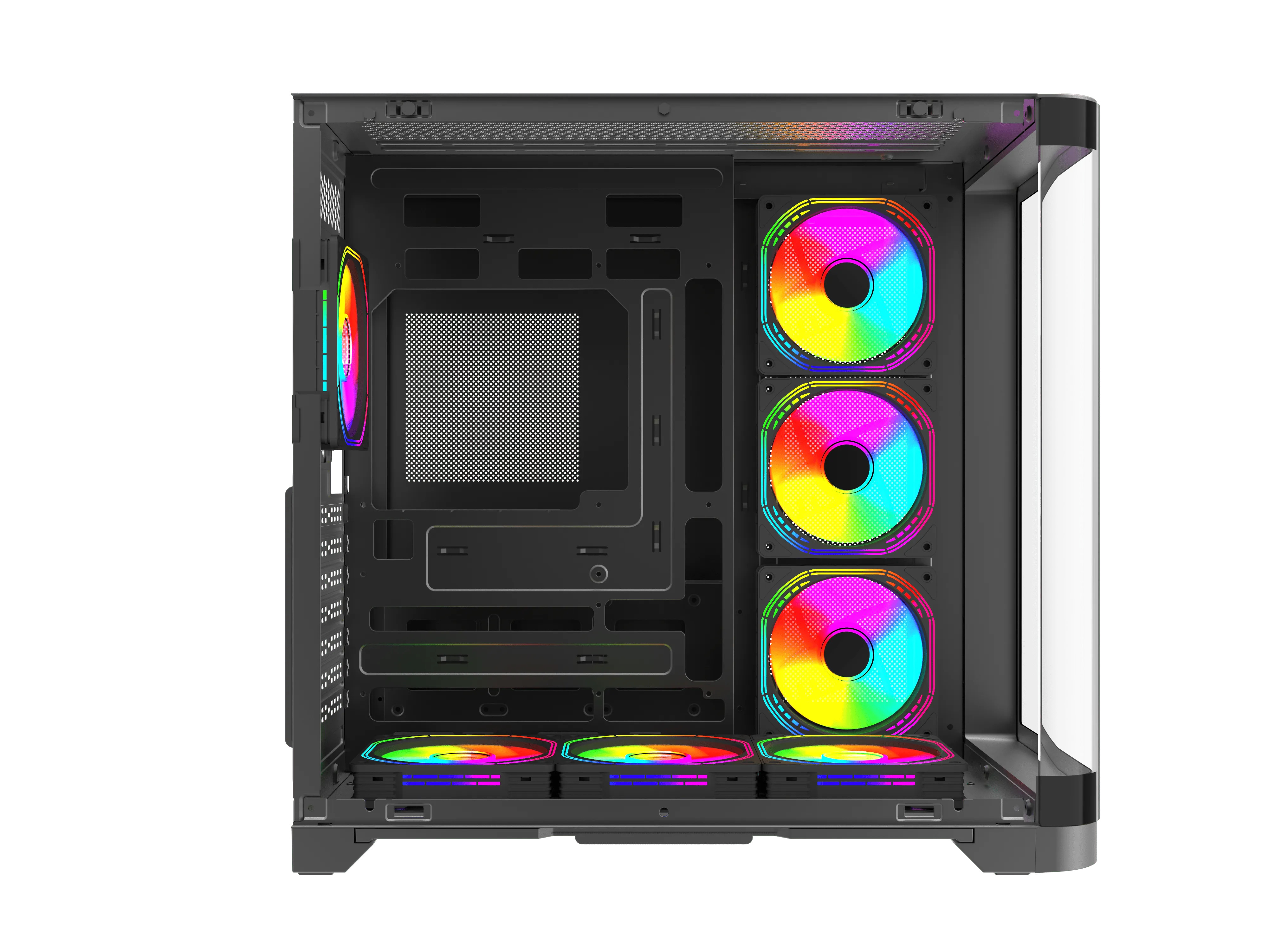 İçinde renkli RGB fanlar bulunan boş, siyah bilgisayar kasası.