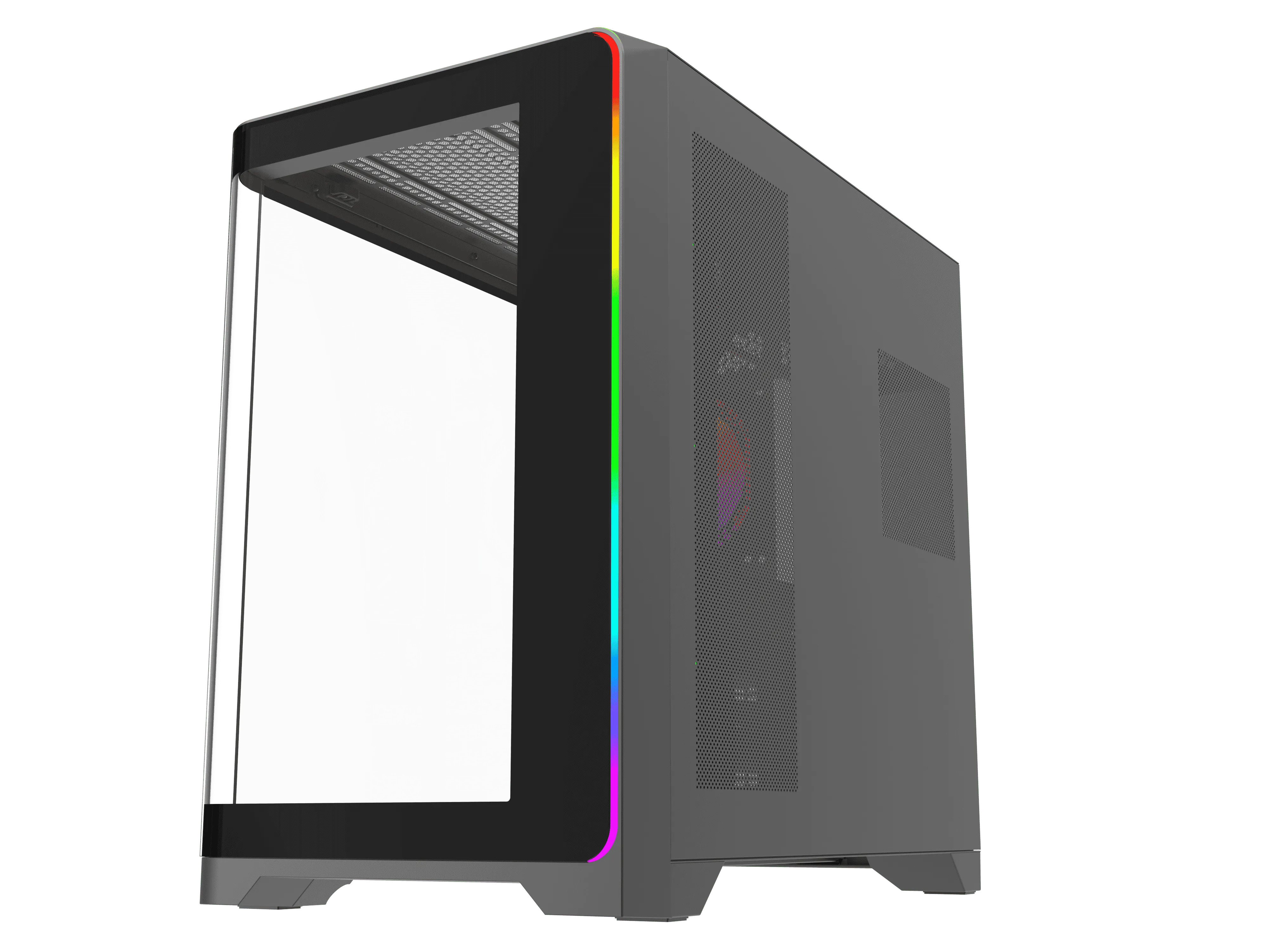 Ön tarafında renkli RGB LED aydınlatma ve cam yan paneli olan gri bir bilgisayar kasası.