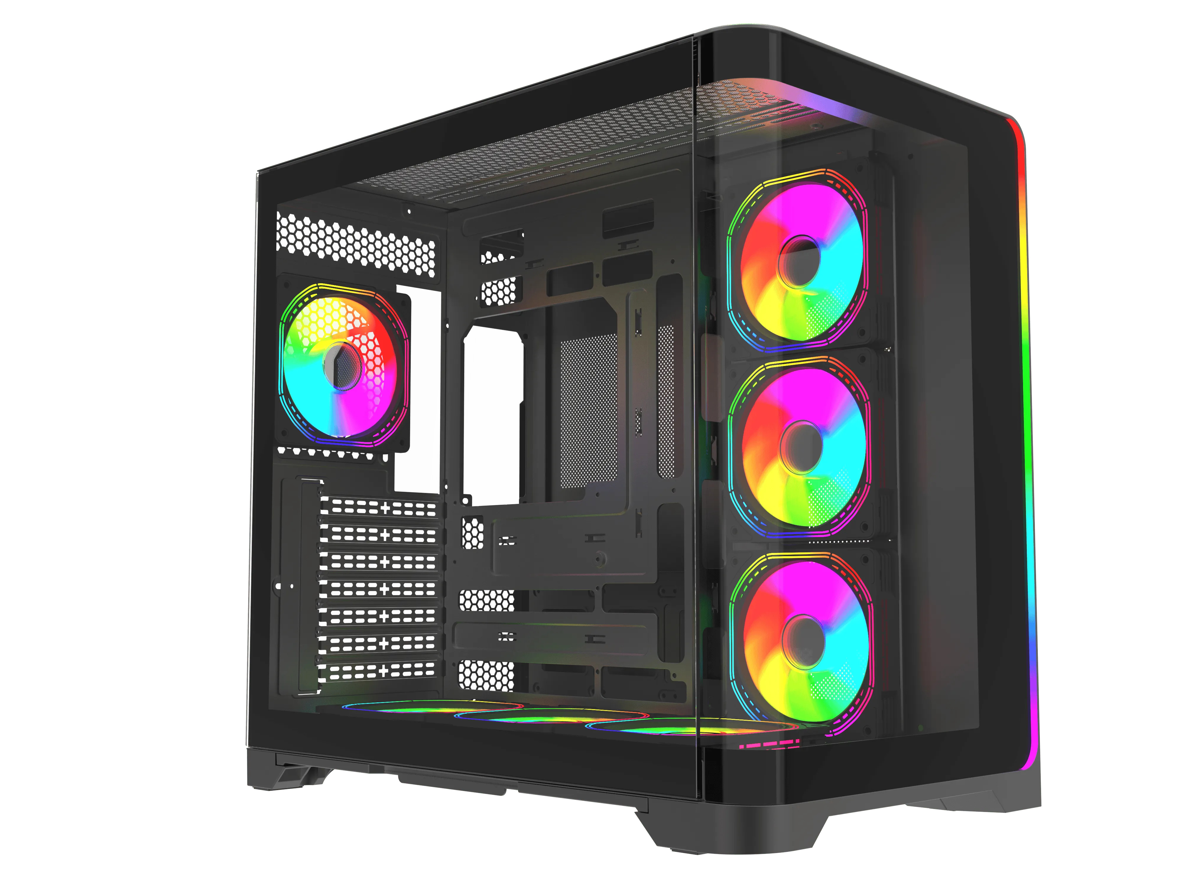 Cam panellere ve birden çok parlayan RGB fana sahip siyah bir PC kasası.