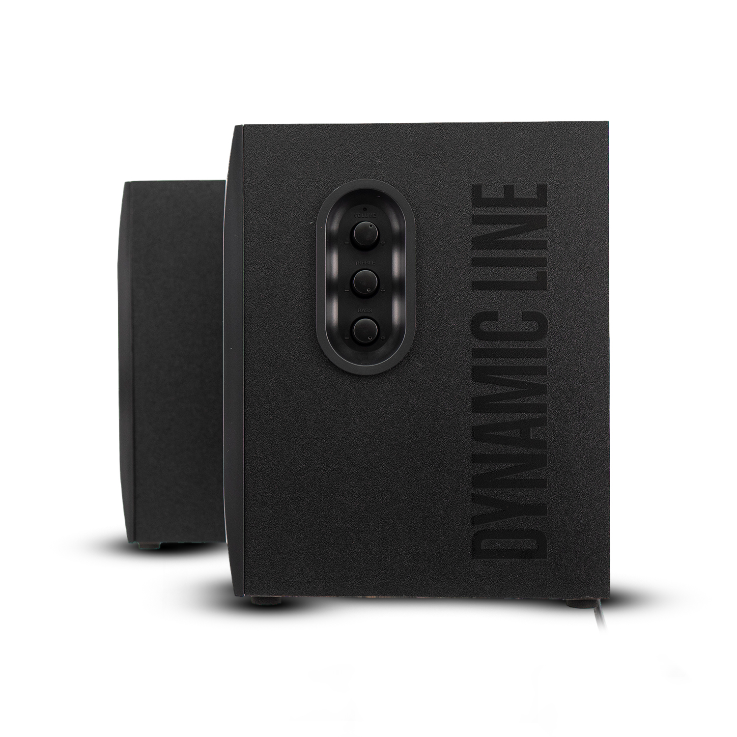 Due altoparlanti neri Dynamic Line con controlli laterali su sfondo bianco.