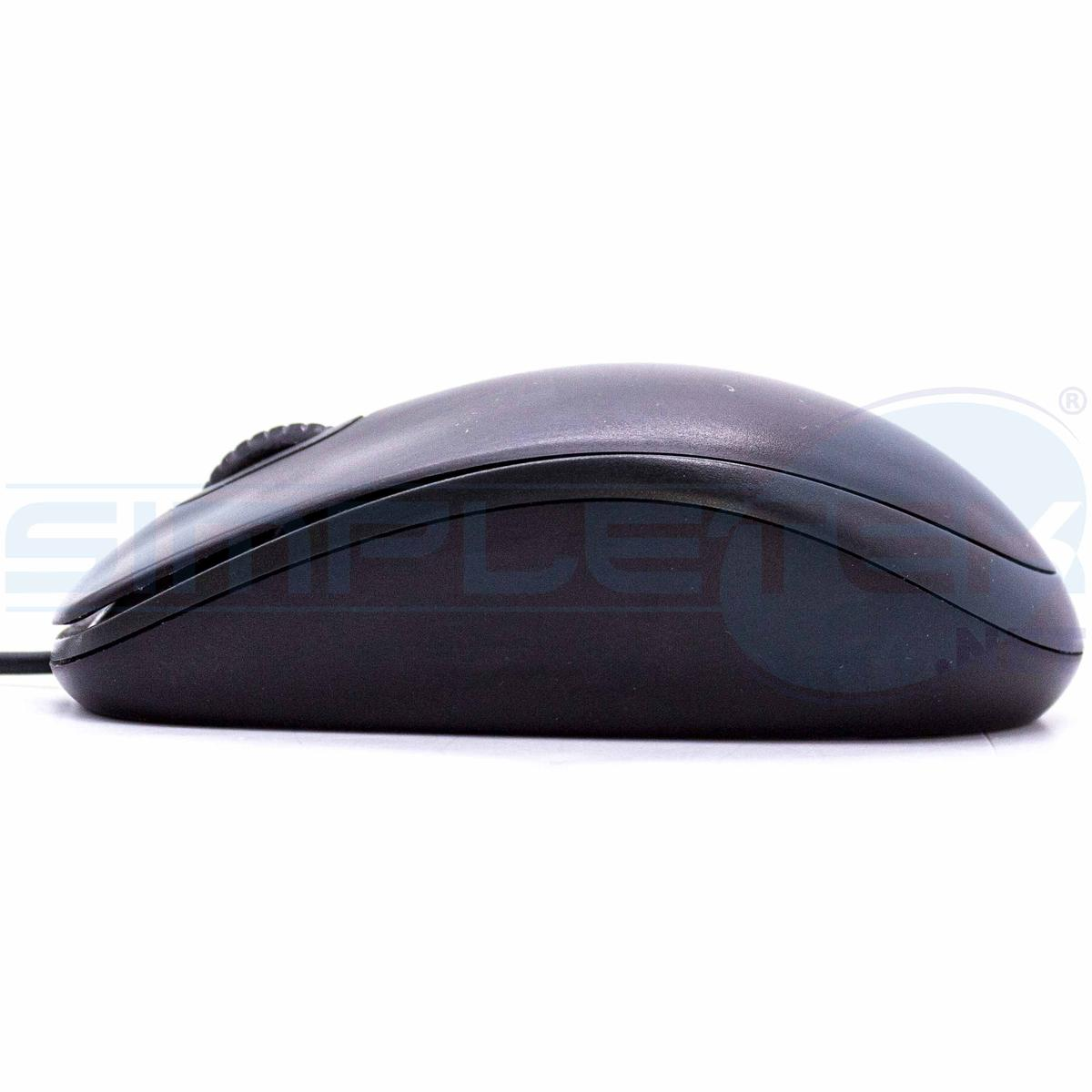 Vista laterale di un mouse per computer nero su sfondo bianco con rotellina visibile.