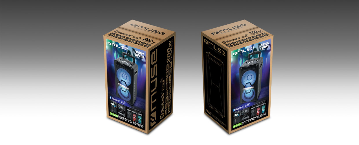 Dos cajas de cartón con altavoces de fiesta Muse Bluetooth con elementos luminosos azules sobre fondo gris.