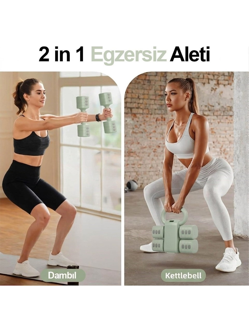 Bir kadın 2si 1 arada egzersiz aletini, bir fotoğrafta dambıl diğerinde kettlebell olarak gösteriyor.