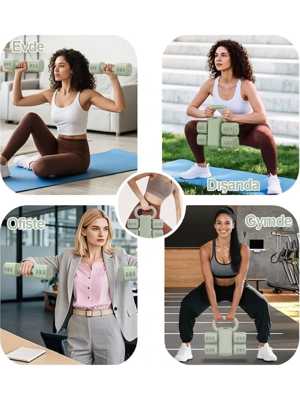 Dört panel, kadınların evde, dışarıda, ofiste ve spor salonunda yeşil dambıllarla egzersiz yaptığını gösteriyor.