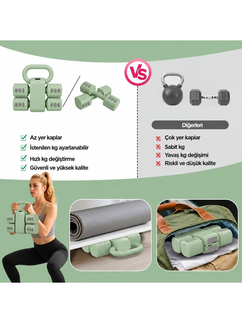 Kompakt, ayarlanabilir yeşil dambıl ve kettlebell setinin geleneksel ağırlıklarla karşılaştırma grafiği.