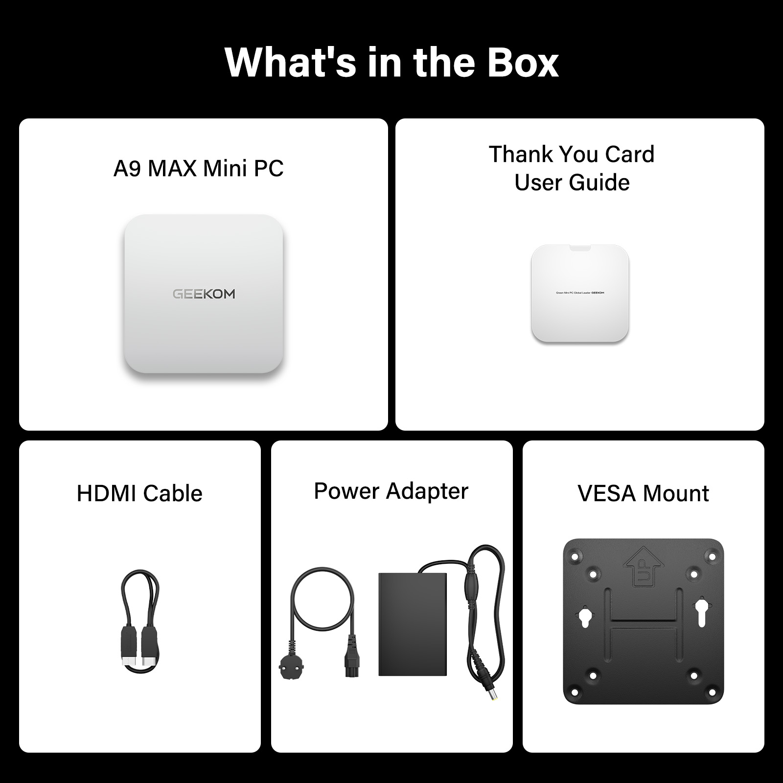 Contenido del paquete que muestra Mini PC A9 MAX, documentos, cable HDMI, adaptador de corriente y soporte VESA.