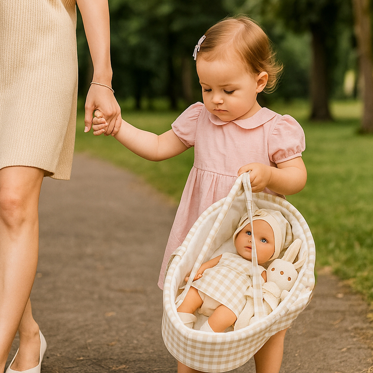 Mała dziewczynka w różowej sukience trzyma kobietę za rękę i niesie koszyk z lalką w parku.