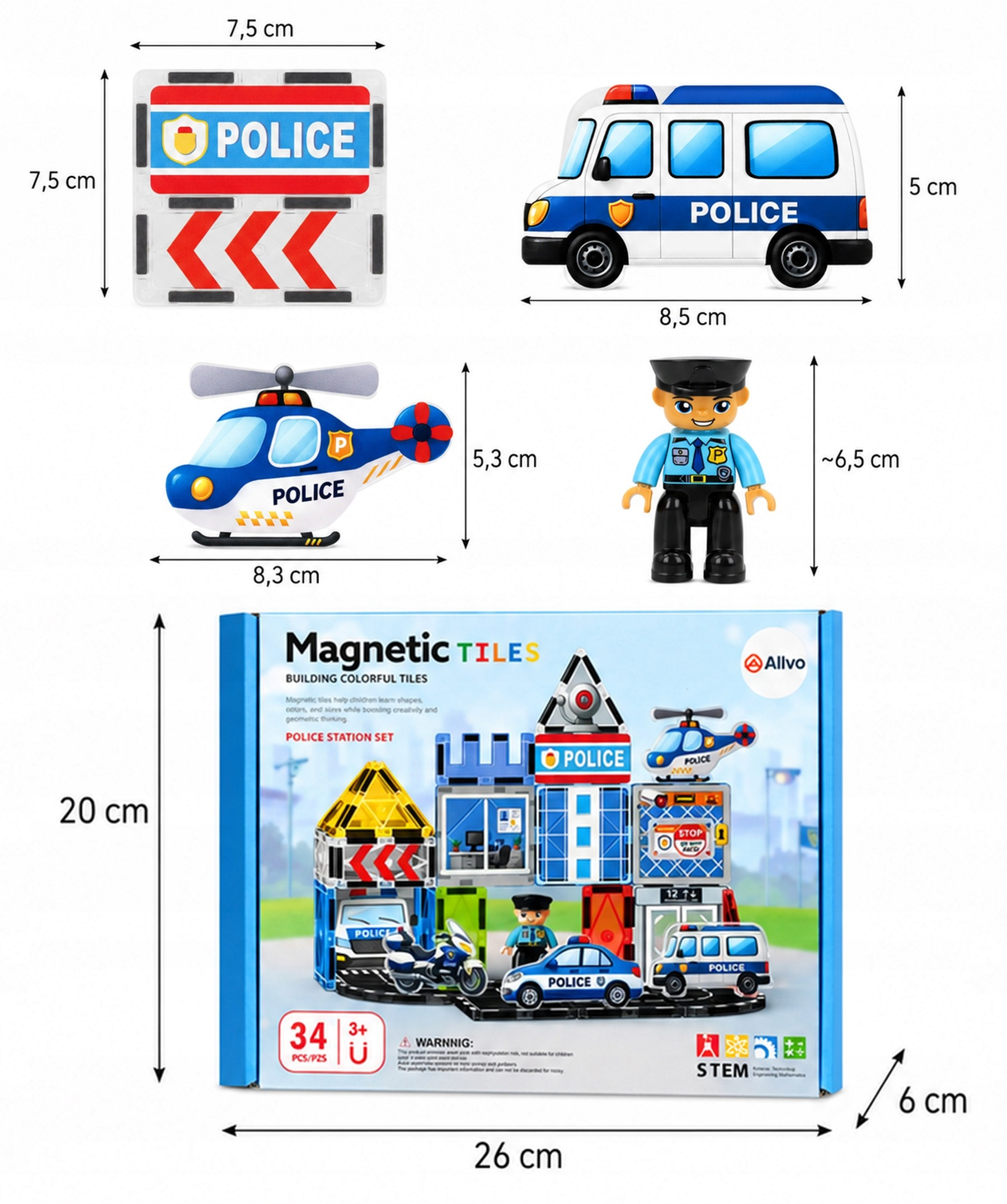 Magnetyczny zestaw konstrukcyjny komisariatu policji z wymiarami.