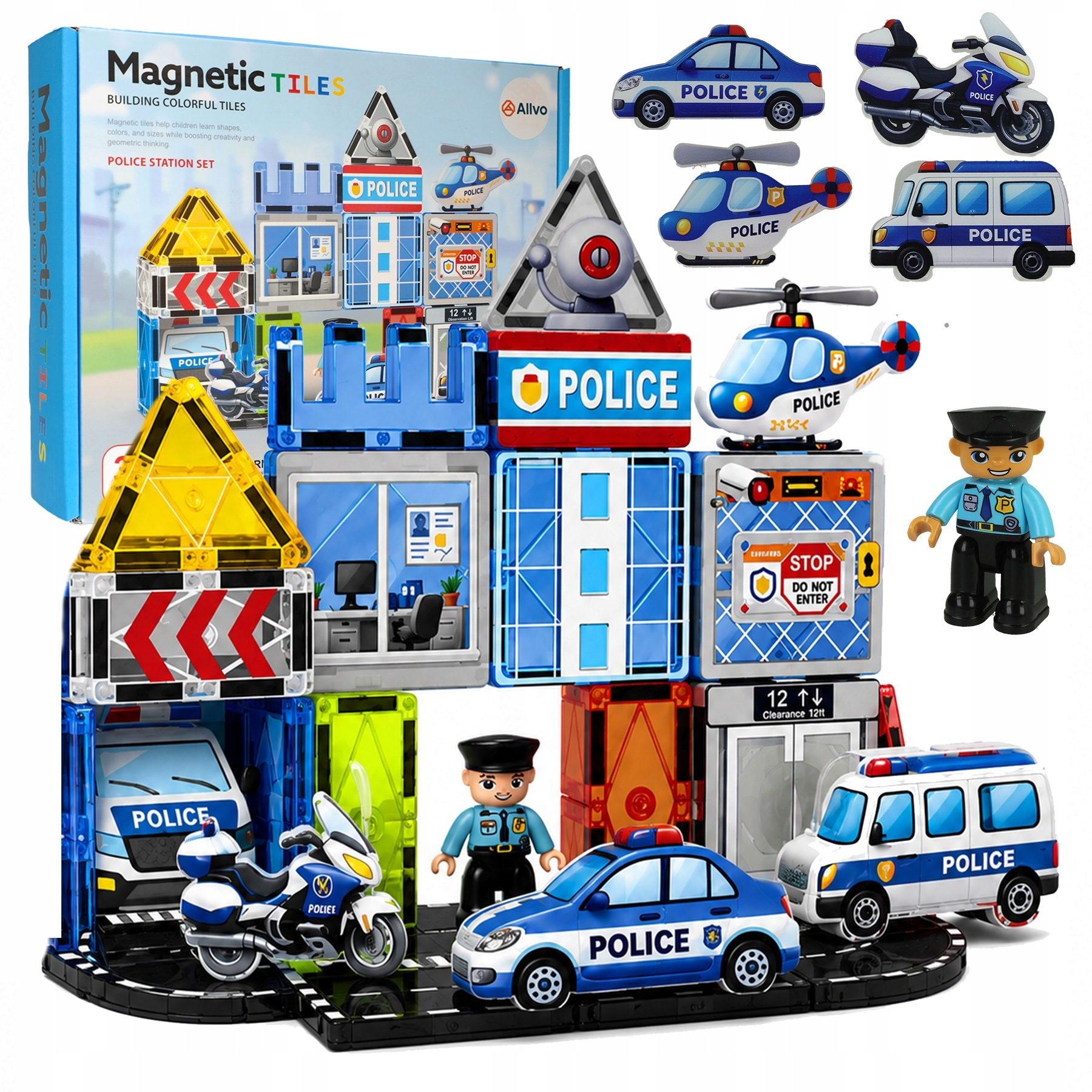 Magnetyczny zestaw konstrukcyjny posterunku policji z figurkami i pojazdami.