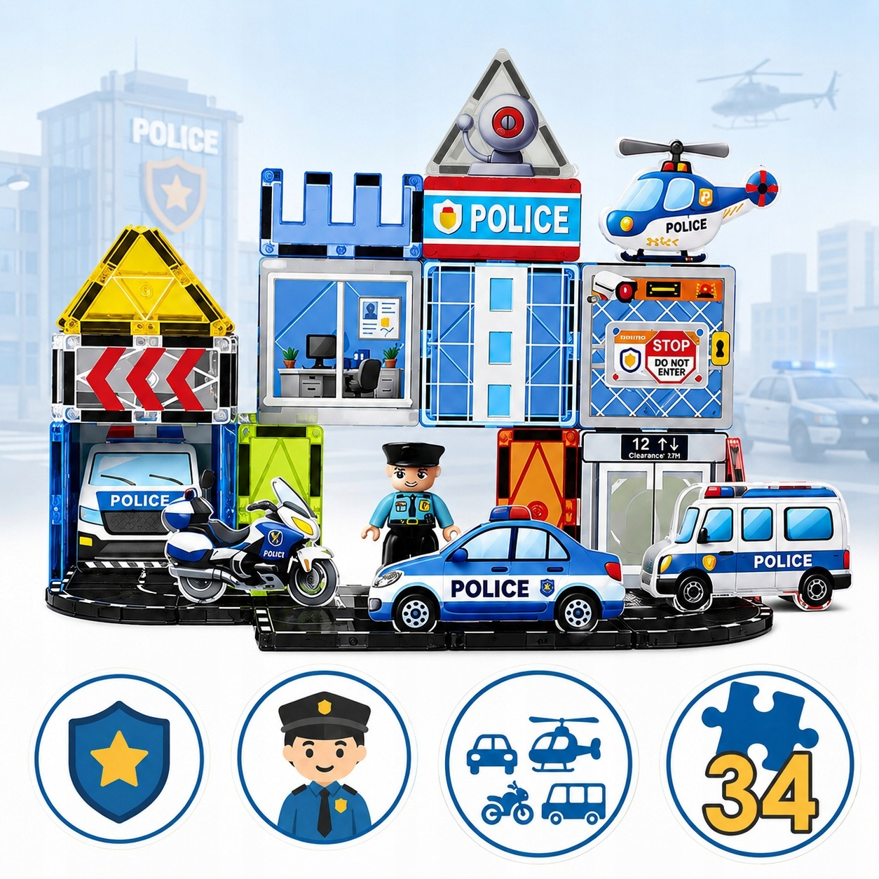 Zestaw posterunku policji z płytek magnetycznych z pojazdami, figurką i ikonami 34 elementów.