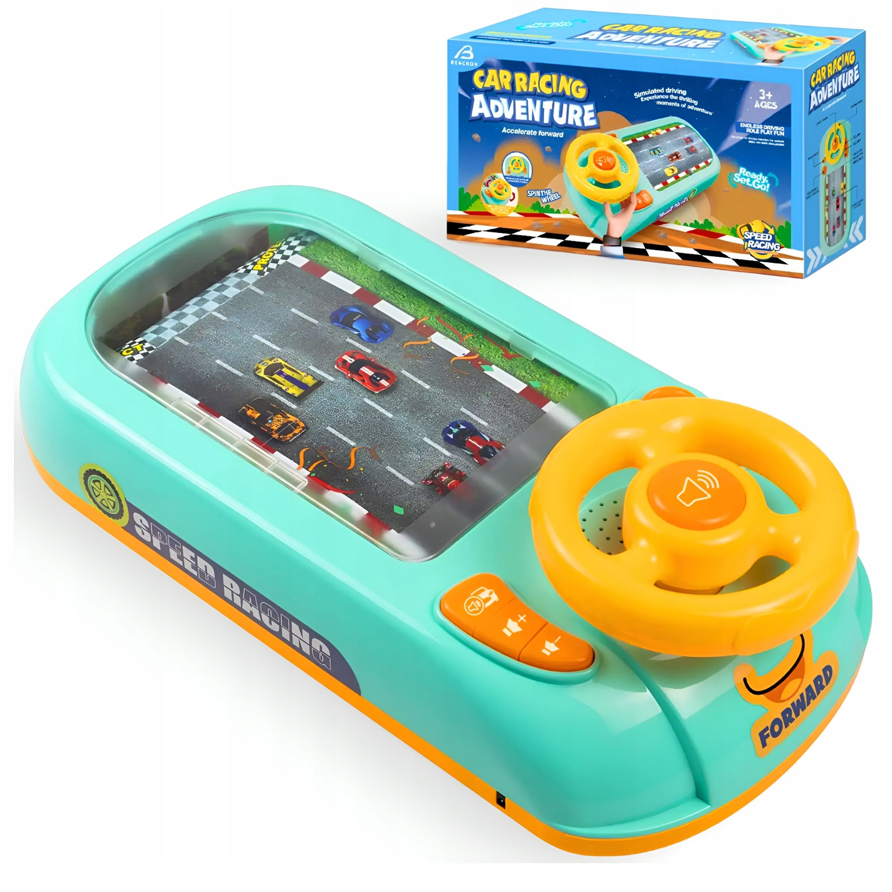 Turkusowa zabawka Car Racing Adventure z żółtą kierownicą i torem, z pudełkiem.
