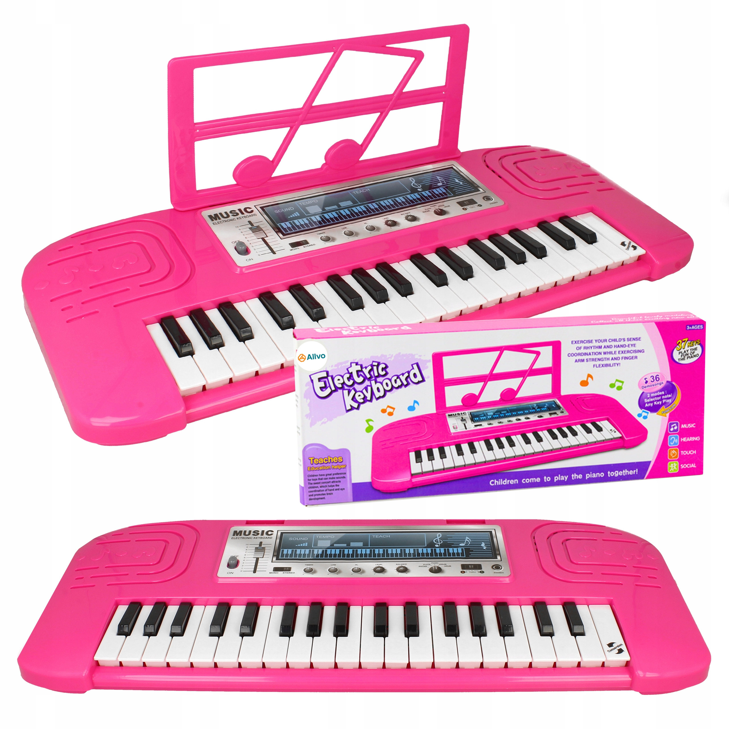 Różowy elektroniczny keyboard zabawkowy dla dzieci z biało-czarnymi klawiszami, stojakiem na nuty i kolorowym pudełkiem.