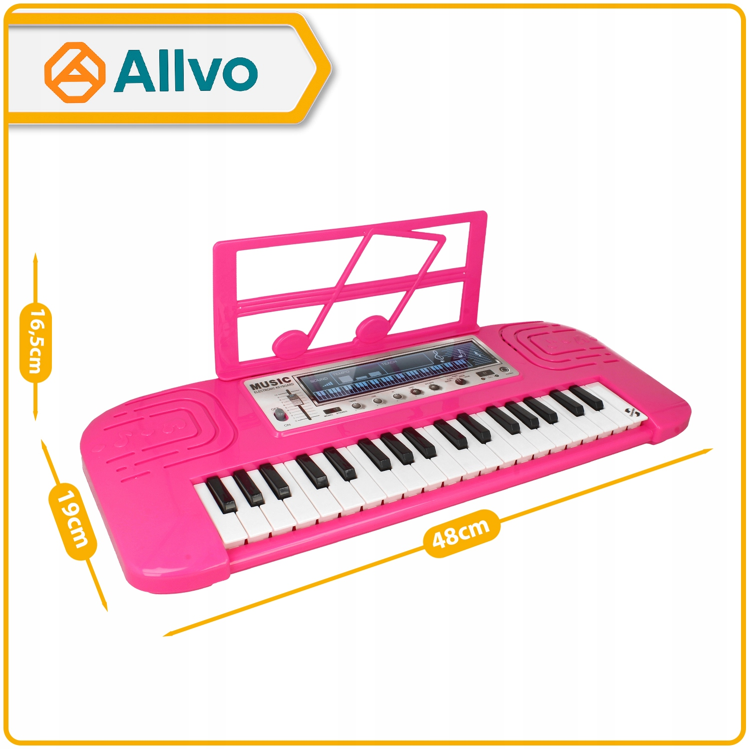 Różowe elektroniczne keyboard zabawkowy z pulpitem na nuty i wymiarami 48 cm szerokości.