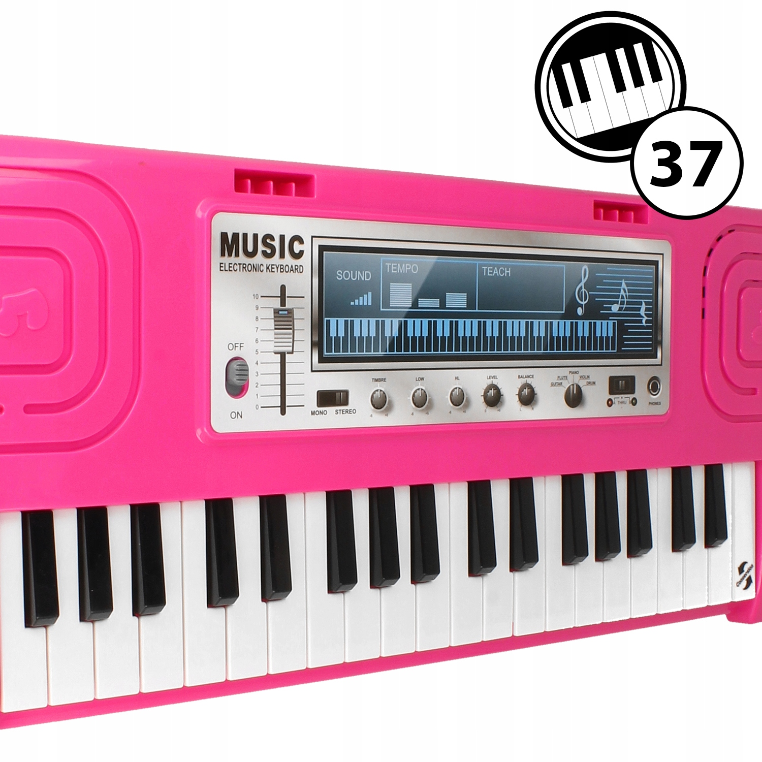 Jaskraworóżowy keyboard elektroniczny z czarno-białymi klawiszami, pokrętłami i ekranem.