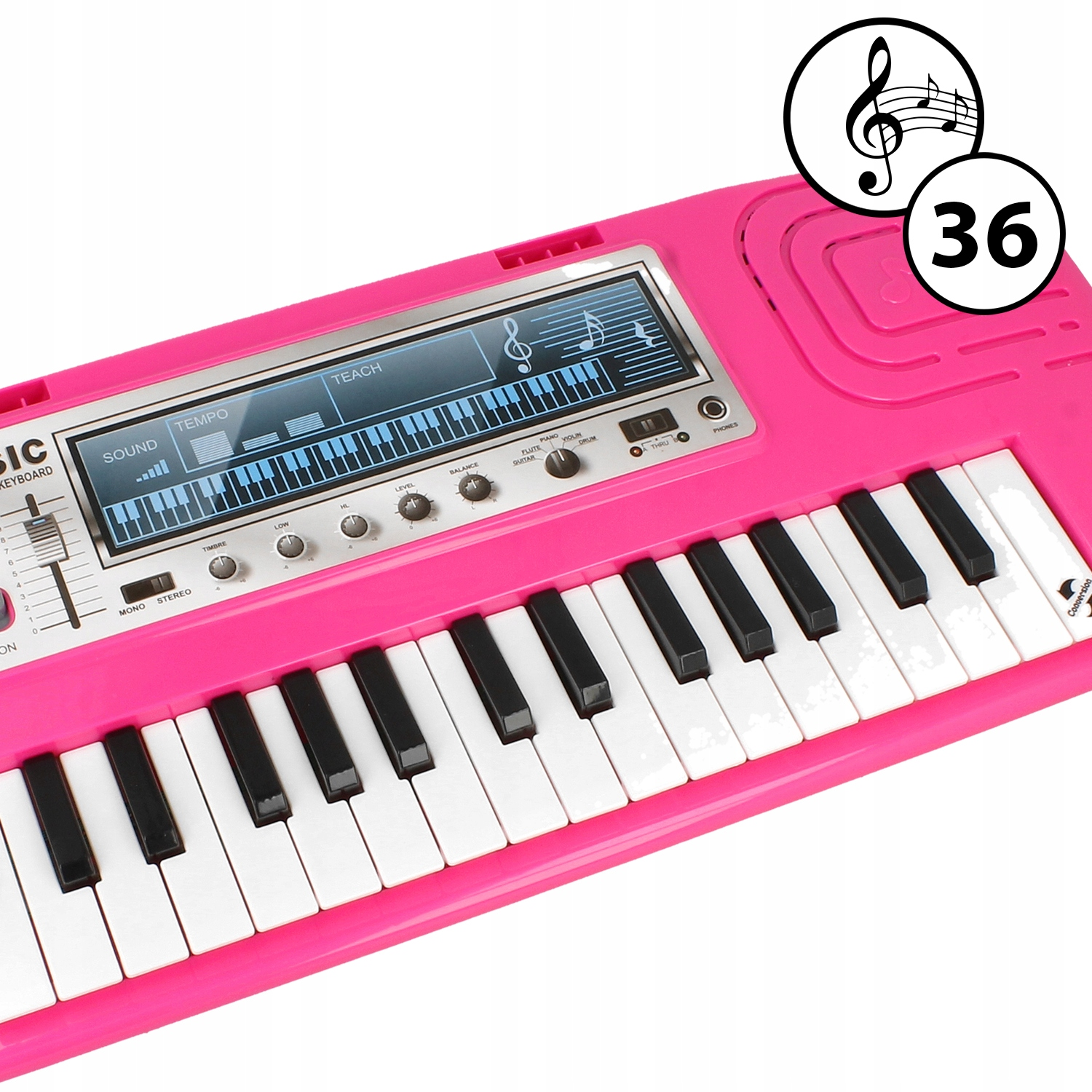 Różowy keyboard zabawka z czarno-białymi klawiszami, cyfrowym ekranem i liczbą 36.