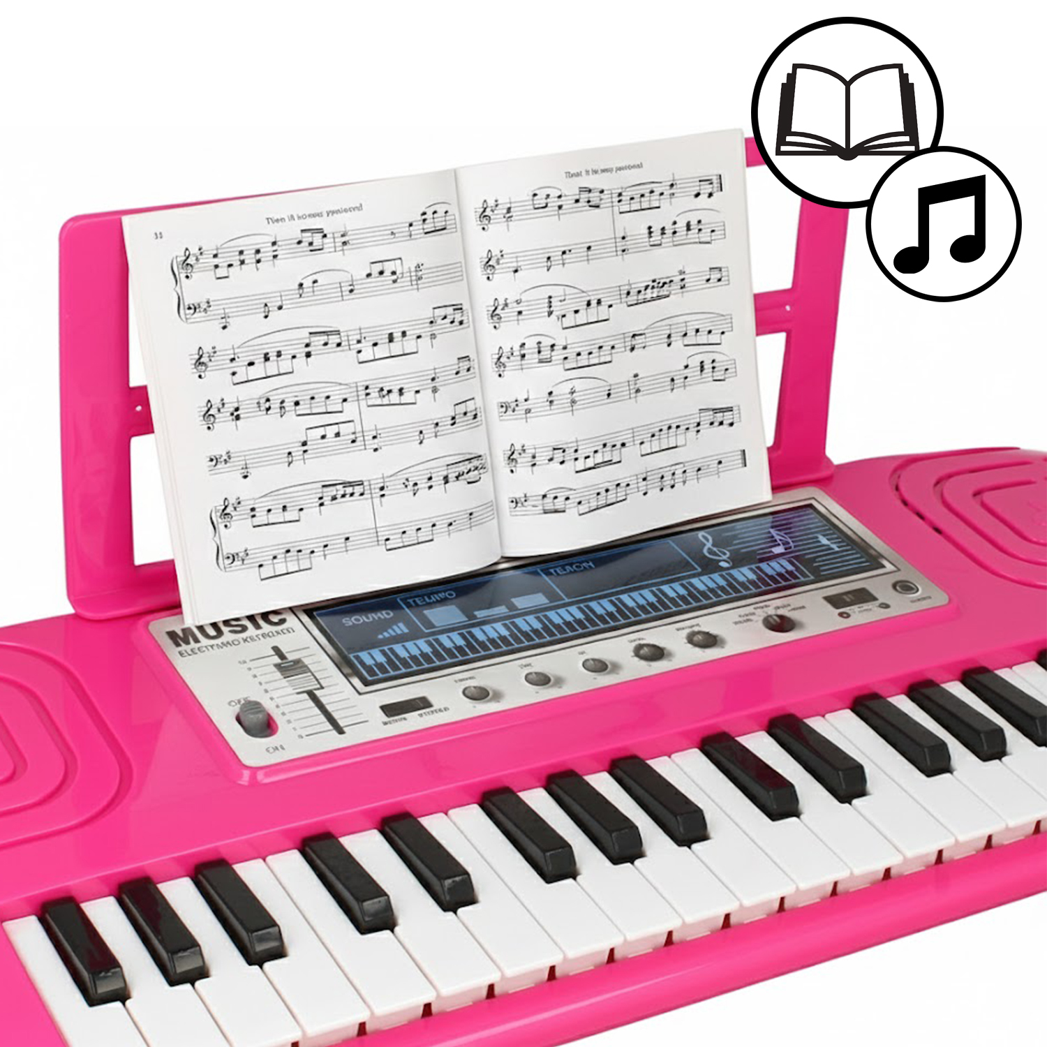 Różowy keyboard zabawkowy z nutami i ikonami.
