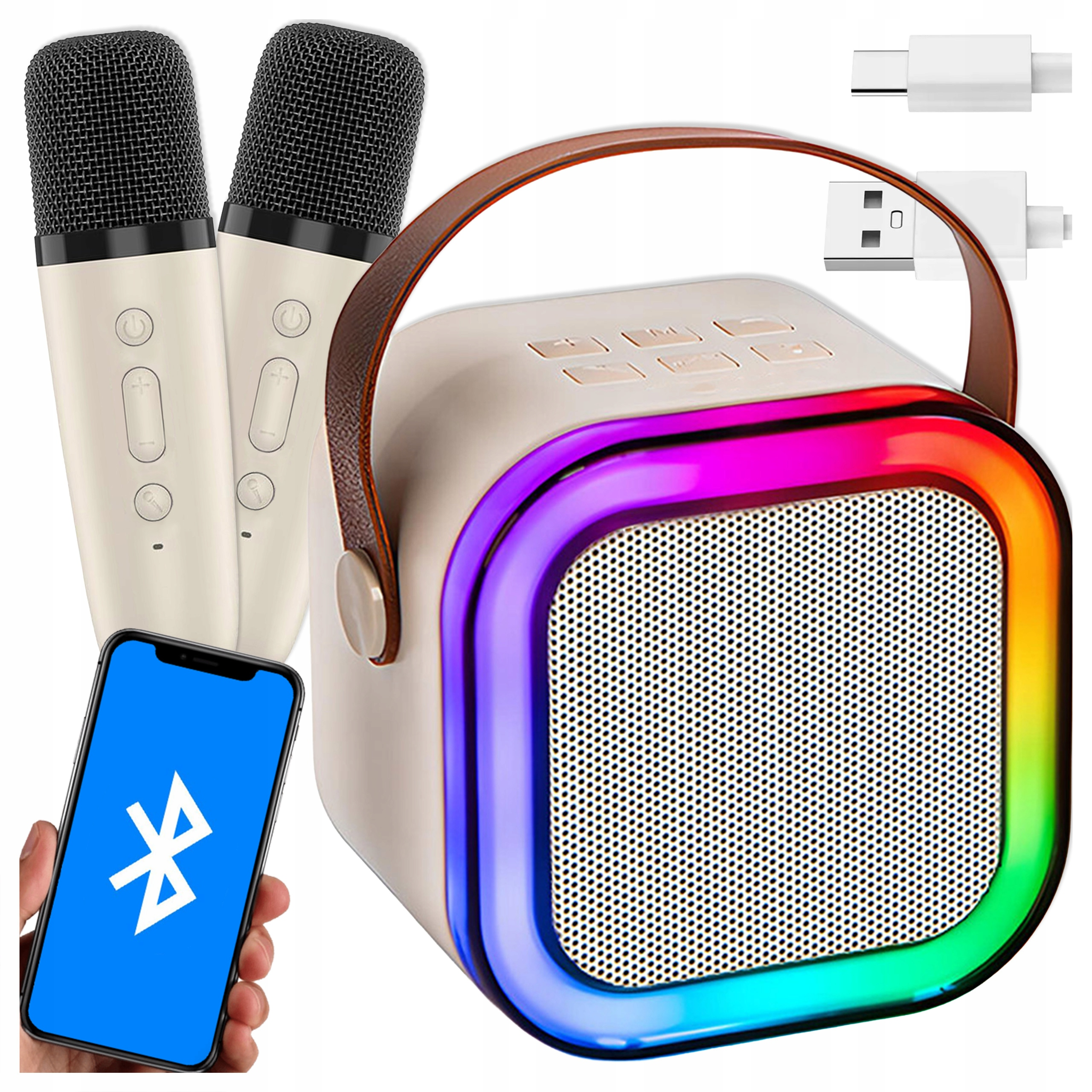 Beżowy głośnik Bluetooth z oświetleniem RGB, dwa pasujące mikrofony bezprzewodowe, smartfon i kable do ładowania.
