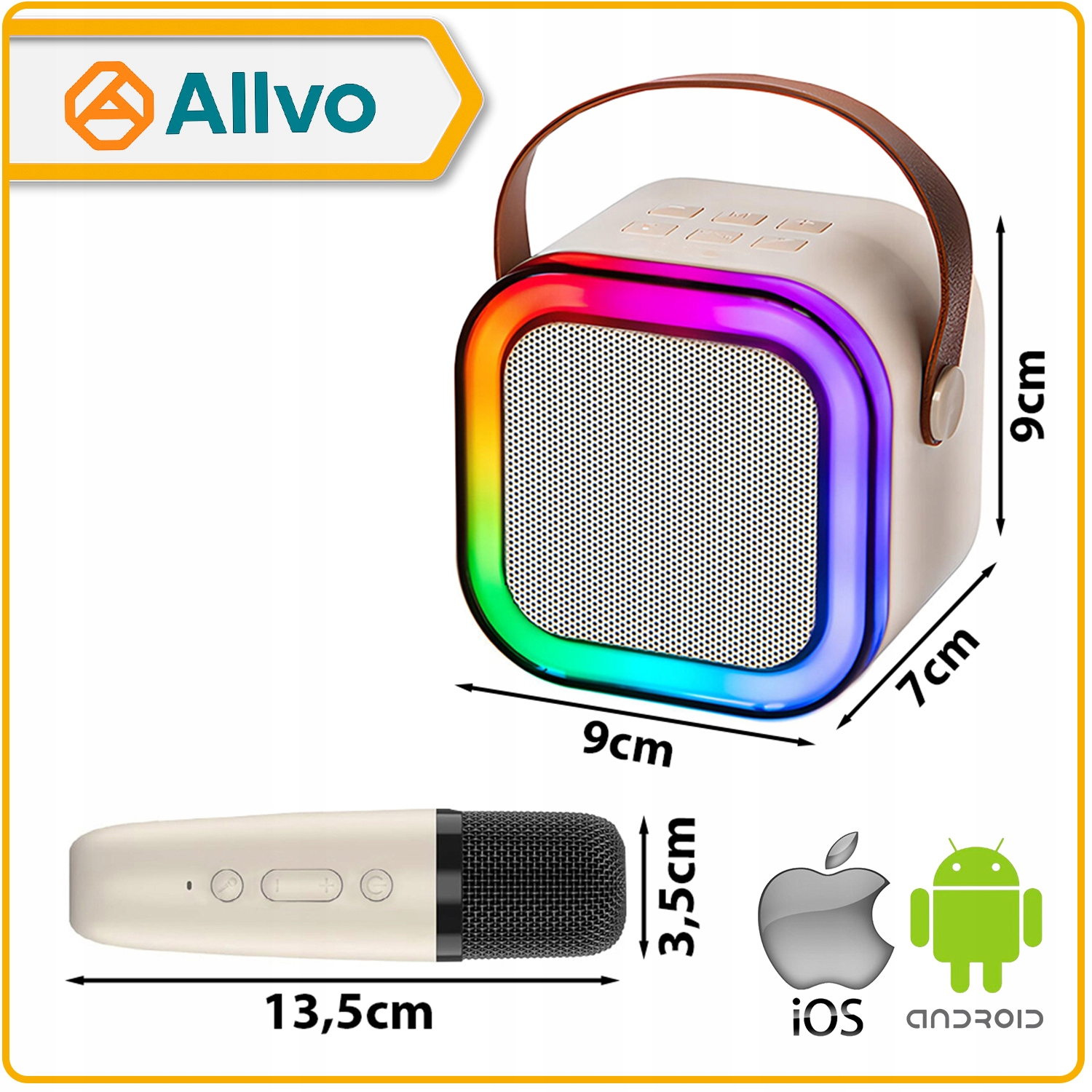 Beżowy głośnik Bluetooth z tęczowym pierścieniem LED, skórzanym uchwytem i mikrofonem oraz logo iOS i Android.