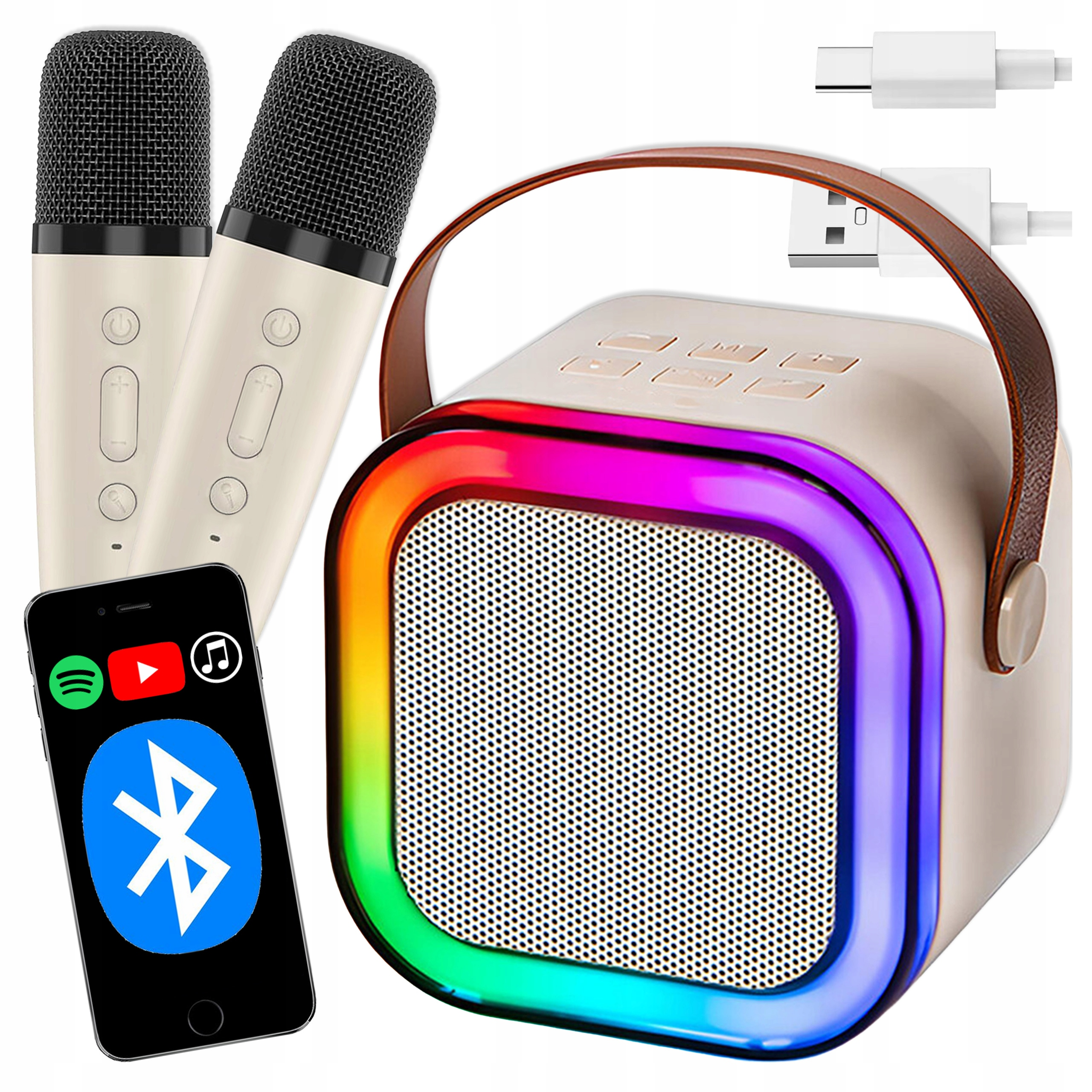 Przenośny głośnik z oświetleniem RGB, dwa mikrofony, smartfon z Bluetooth i kable USB.